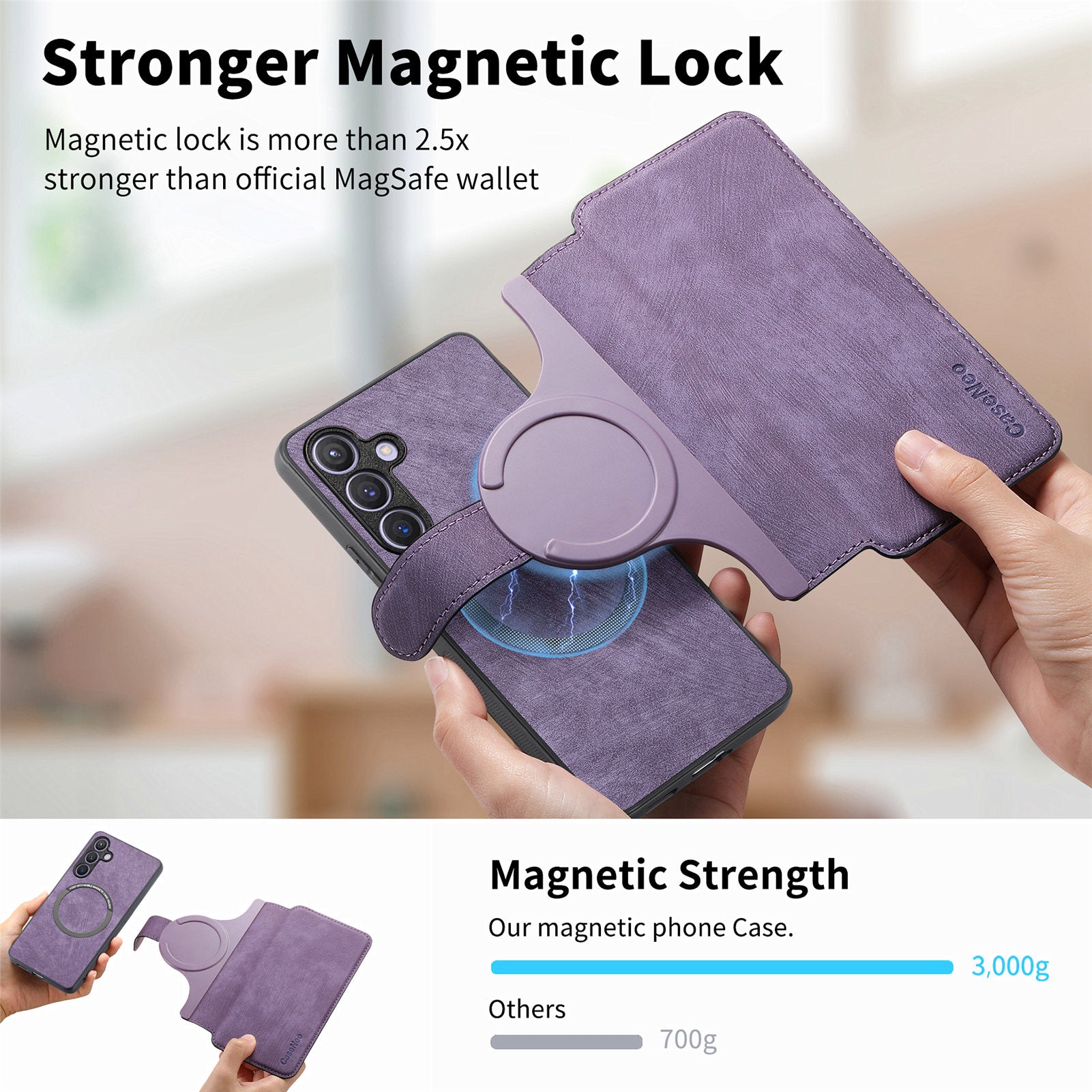 CASENEO MW-03 For Samsung Galaxy S24+ Case RFID Blocking Leather+TPU Detachable Phone Cover - Purple