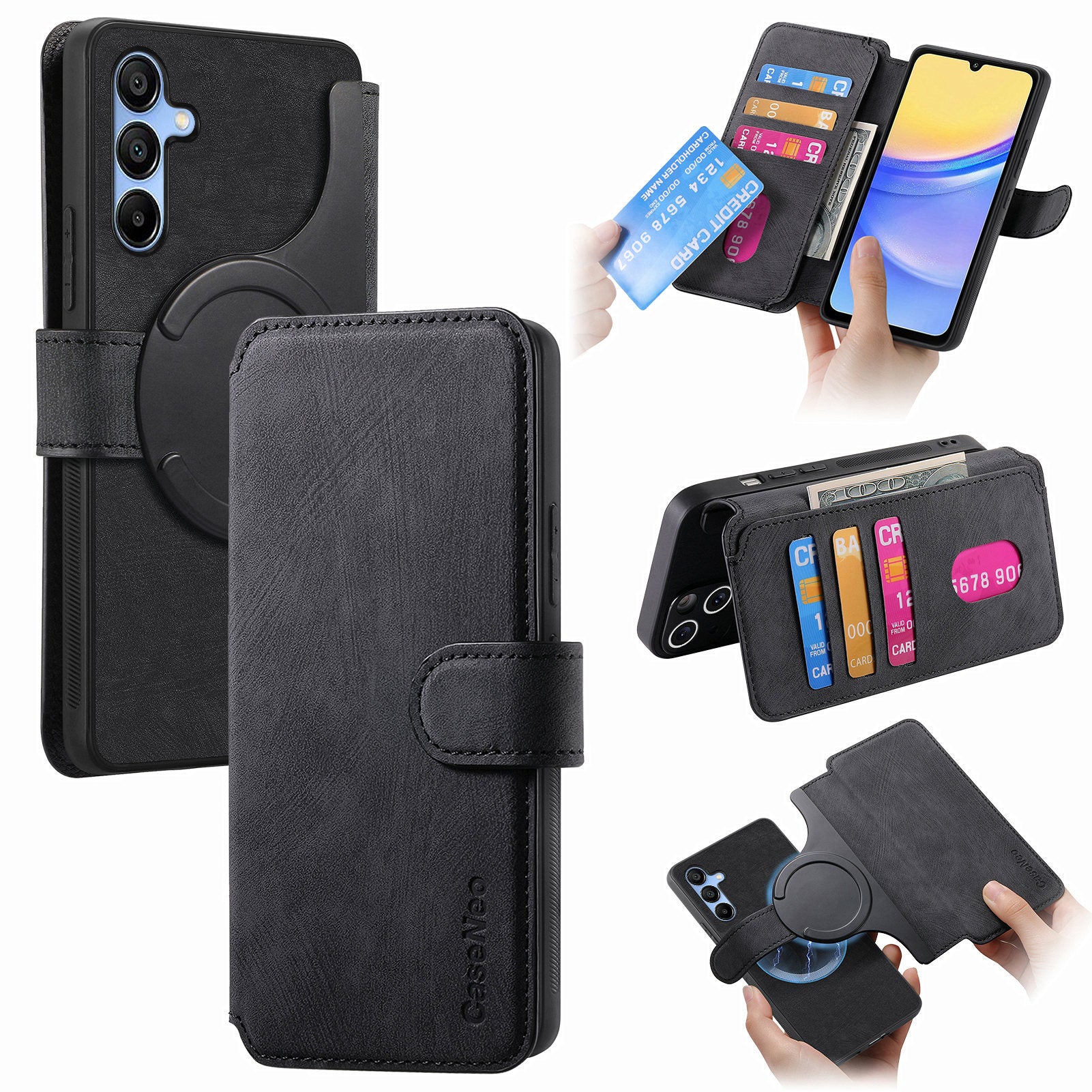 CASENEO MW-03 For Samsung Galaxy A15 4G / 5G Case Retro Leather Stand RFID Blocking Detachable Phone Cover - Black