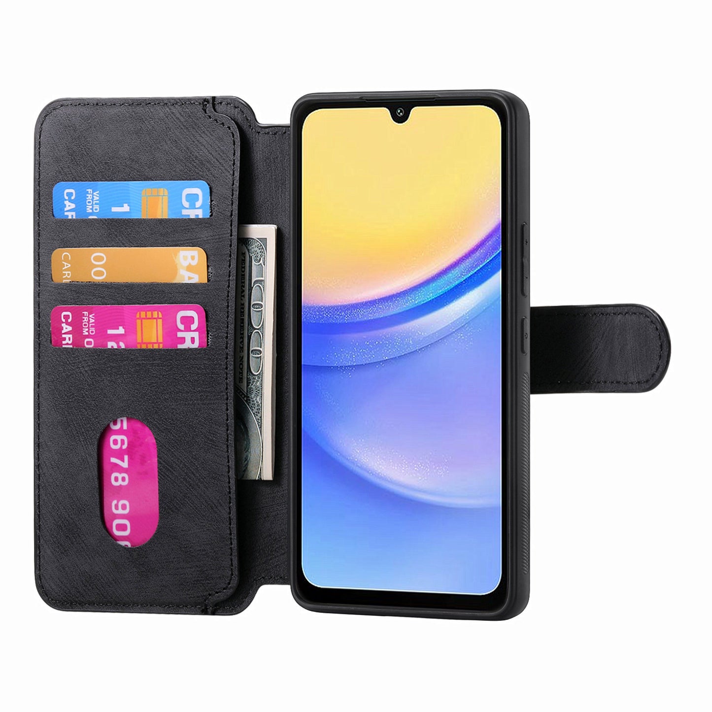 CASENEO MW-03 For Samsung Galaxy A15 4G / 5G Case Retro Leather Stand RFID Blocking Detachable Phone Cover - Black