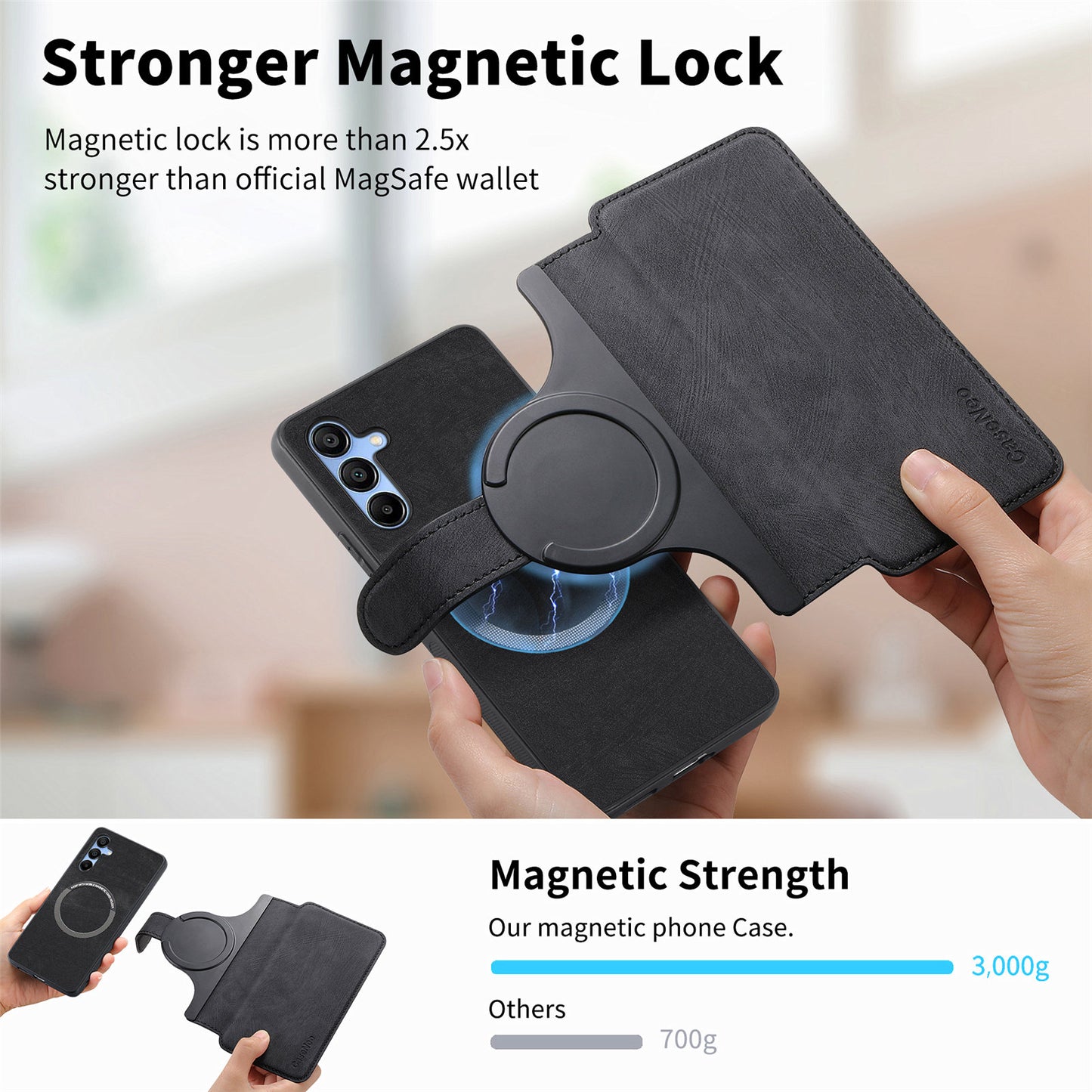 CASENEO MW-03 For Samsung Galaxy A15 4G / 5G Case Retro Leather Stand RFID Blocking Detachable Phone Cover - Black