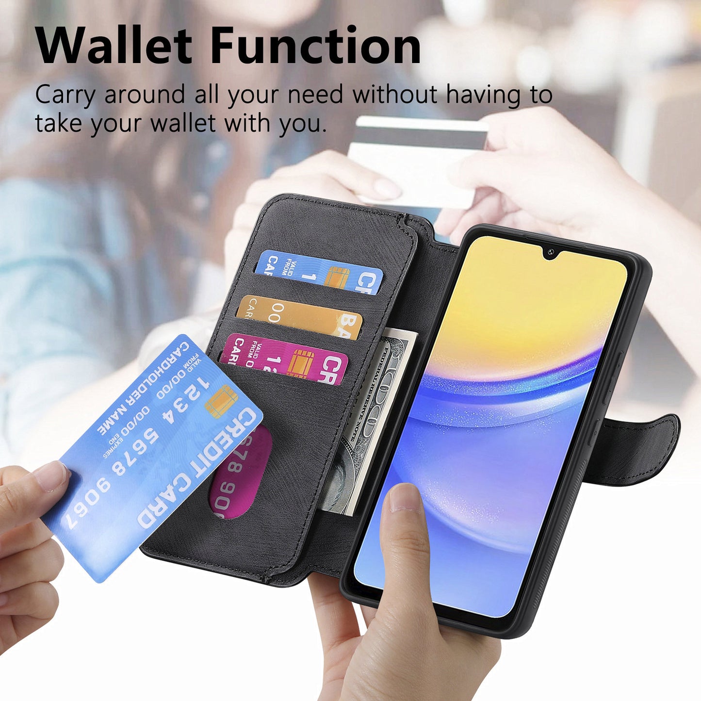 CASENEO MW-03 For Samsung Galaxy A15 4G / 5G Case Retro Leather Stand RFID Blocking Detachable Phone Cover - Black