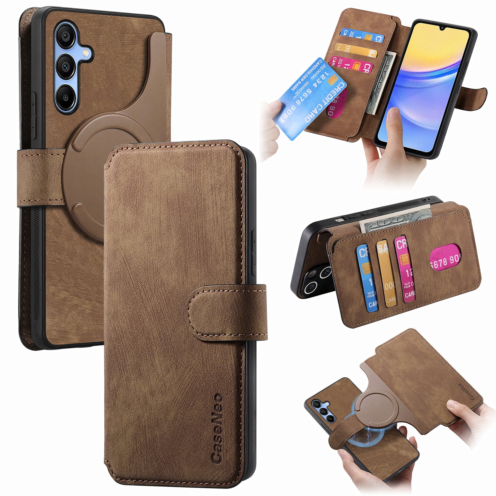 CASENEO MW-03 For Samsung Galaxy A15 4G / 5G Case Retro Leather Stand RFID Blocking Detachable Phone Cover - Brown
