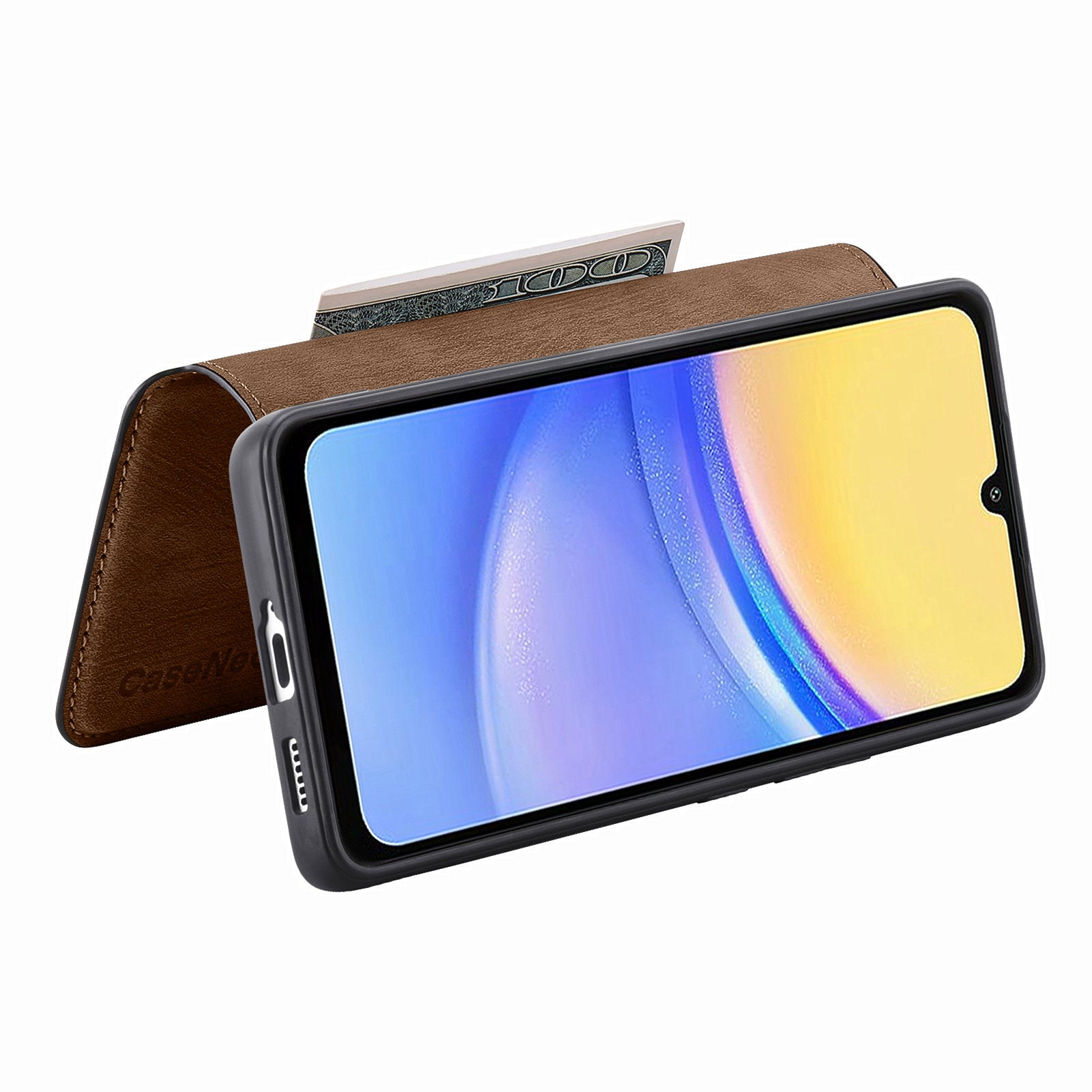 CASENEO MW-03 For Samsung Galaxy A15 4G / 5G Case Retro Leather Stand RFID Blocking Detachable Phone Cover - Brown