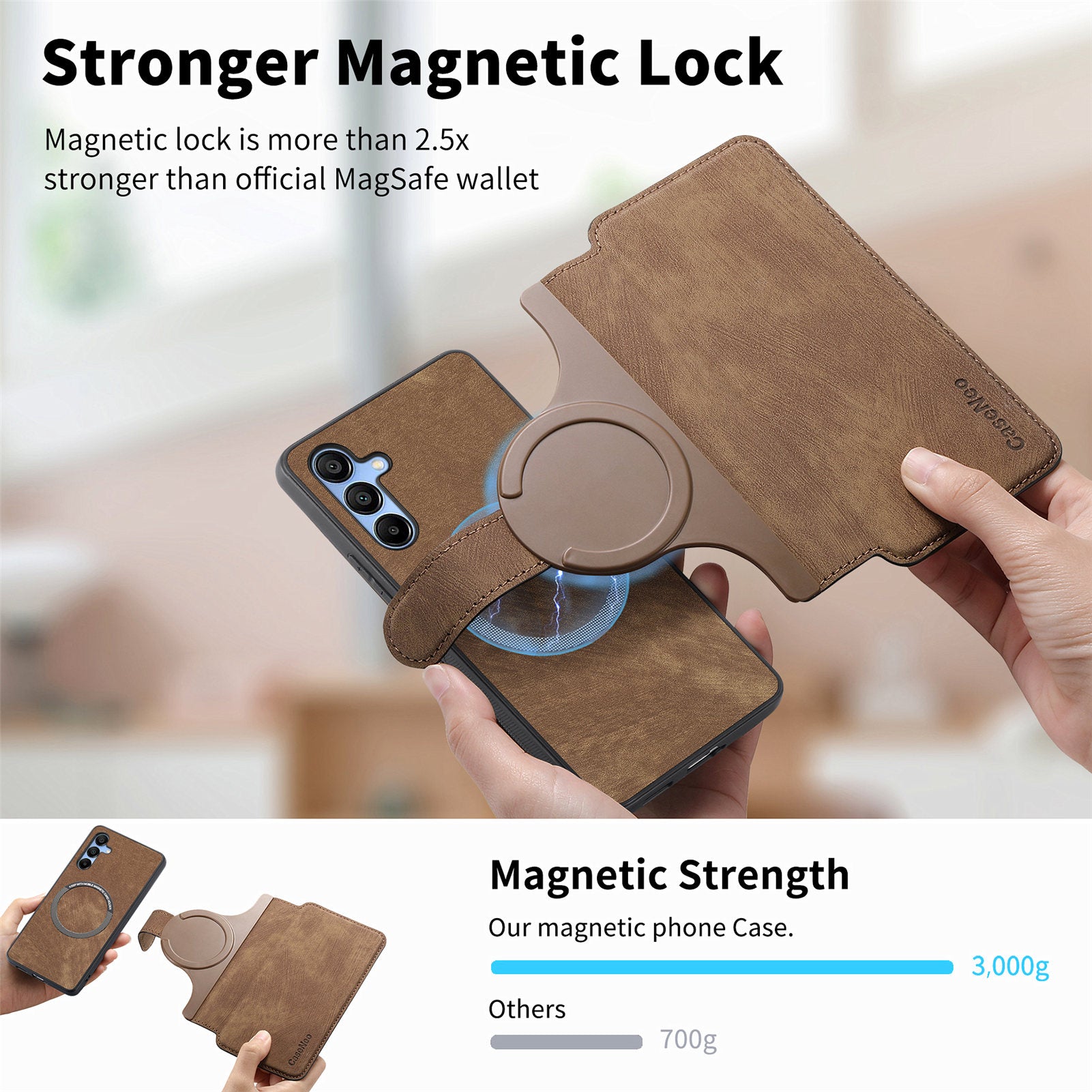 CASENEO MW-03 For Samsung Galaxy A15 4G / 5G Case Retro Leather Stand RFID Blocking Detachable Phone Cover - Brown