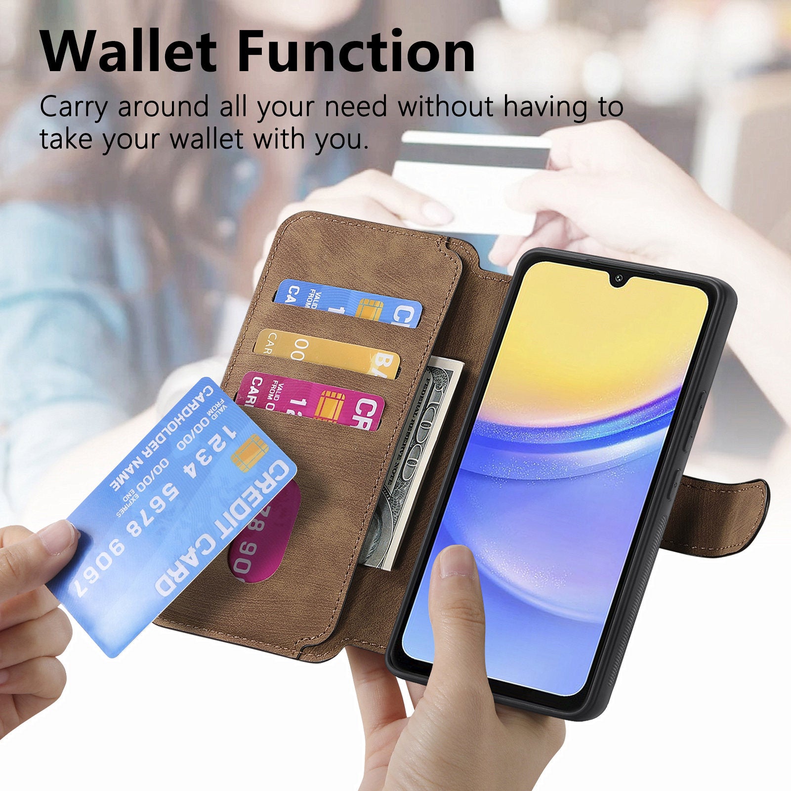 CASENEO MW-03 For Samsung Galaxy A15 4G / 5G Case Retro Leather Stand RFID Blocking Detachable Phone Cover - Brown