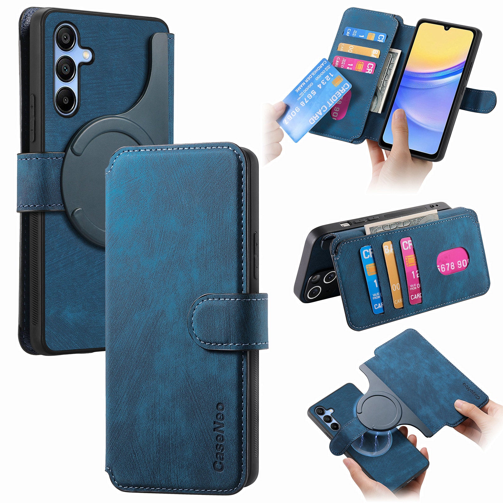 CASENEO MW-03 For Samsung Galaxy A15 4G / 5G Case Retro Leather Stand RFID Blocking Detachable Phone Cover - Dark Blue