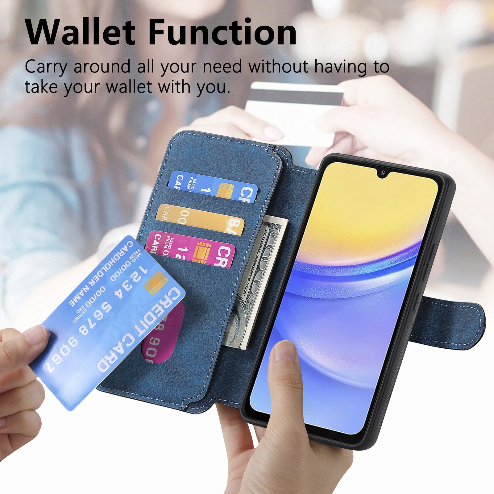 CASENEO MW-03 For Samsung Galaxy A15 4G / 5G Case Retro Leather Stand RFID Blocking Detachable Phone Cover - Dark Blue