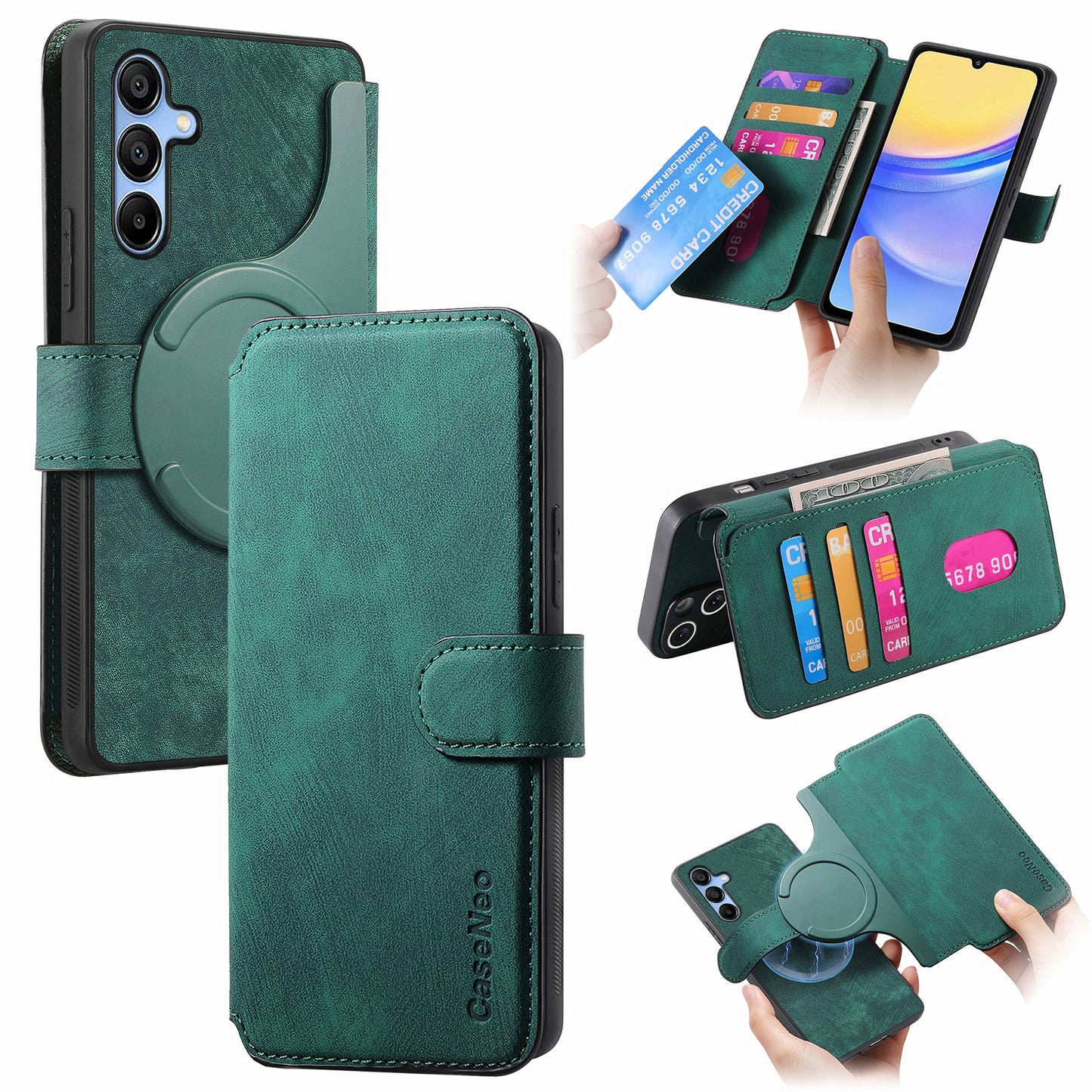 CASENEO MW-03 For Samsung Galaxy A15 4G / 5G Case Retro Leather Stand RFID Blocking Detachable Phone Cover - Green