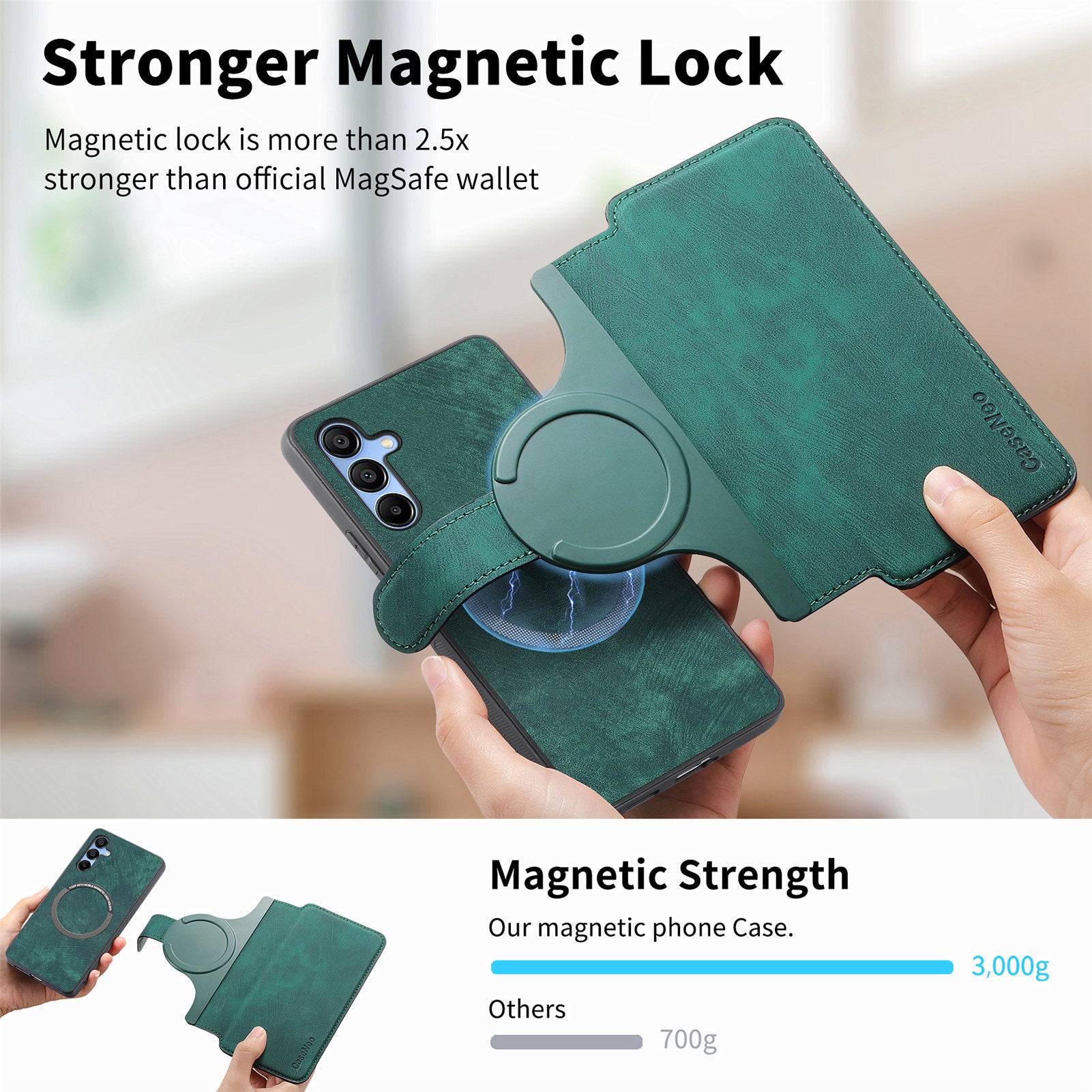 CASENEO MW-03 For Samsung Galaxy A15 4G / 5G Case Retro Leather Stand RFID Blocking Detachable Phone Cover - Green