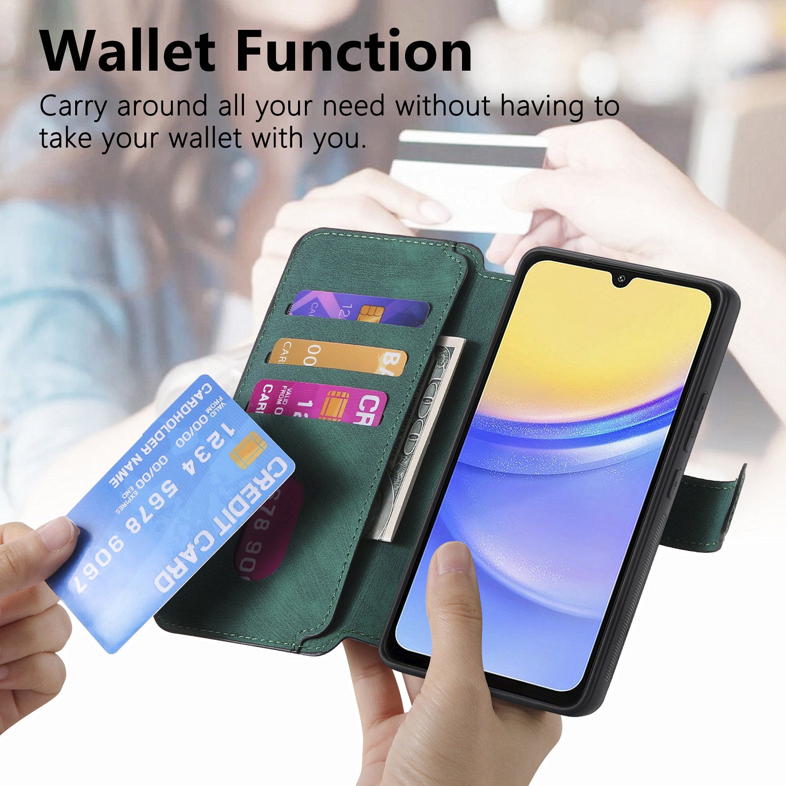 CASENEO MW-03 For Samsung Galaxy A15 4G / 5G Case Retro Leather Stand RFID Blocking Detachable Phone Cover - Green