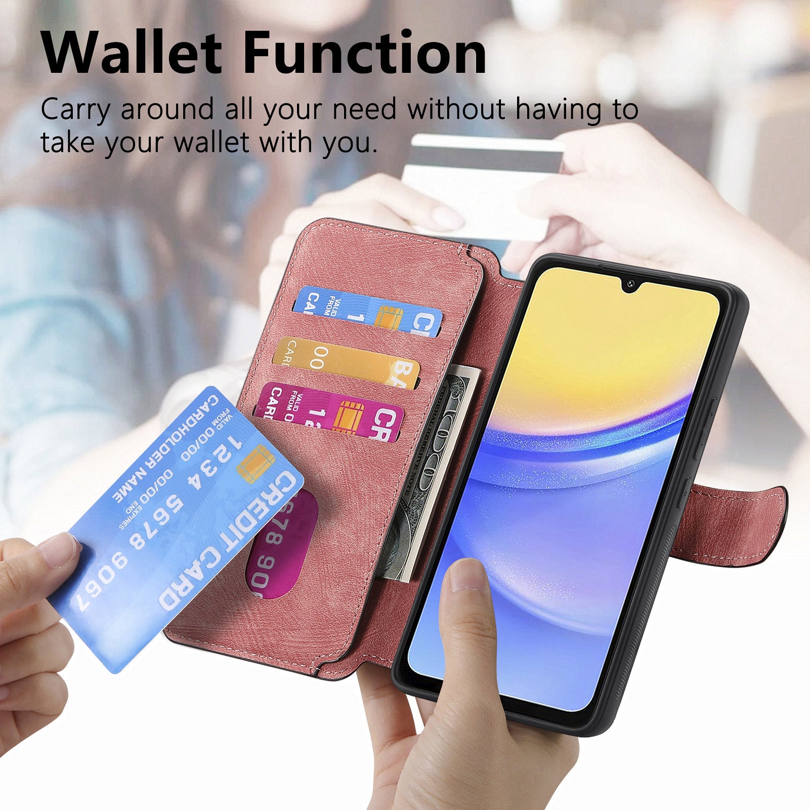 CASENEO MW-03 For Samsung Galaxy A15 4G / 5G Case Retro Leather Stand RFID Blocking Detachable Phone Cover - Pink