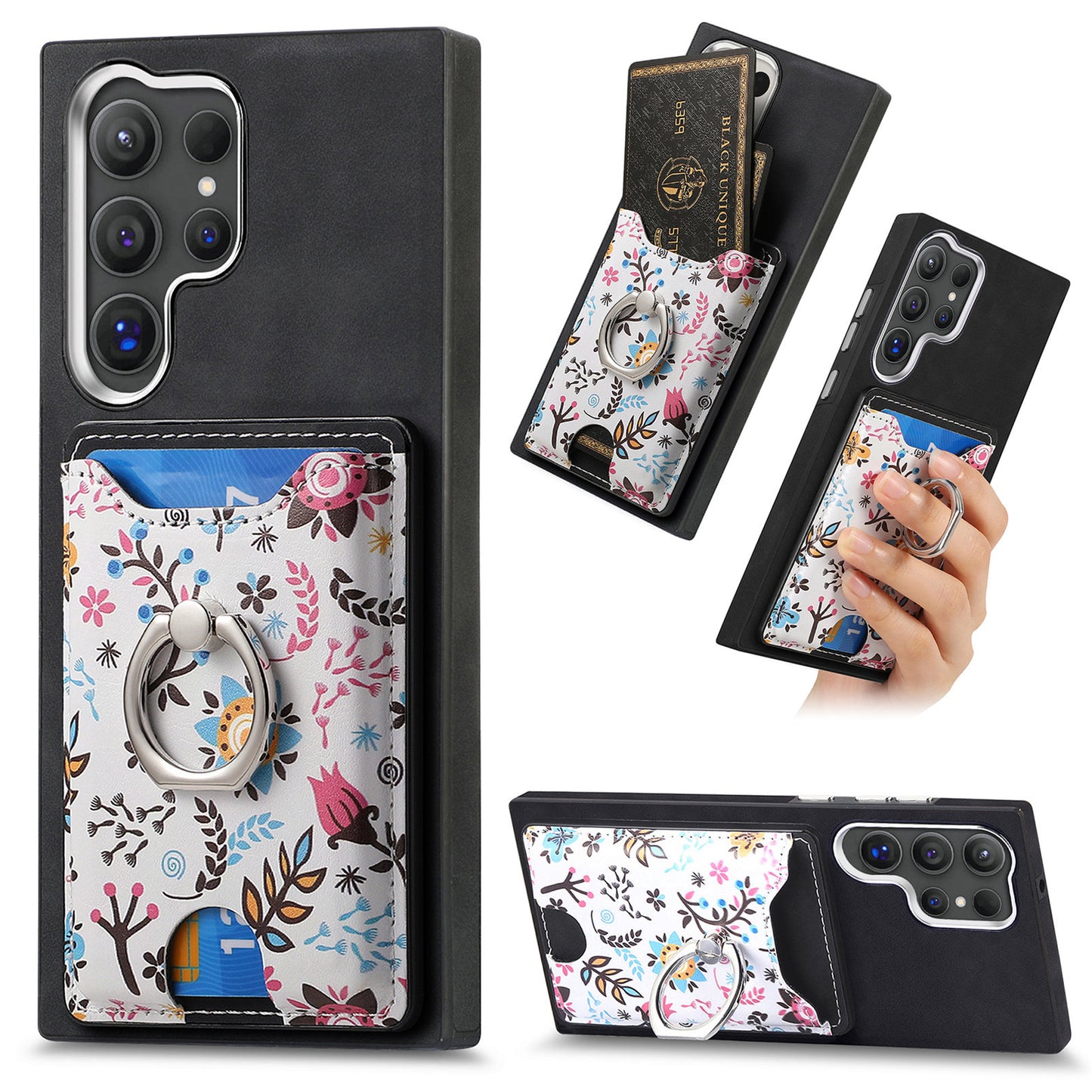 E4 for Samsung Galaxy S24 Ultra Case Leather Coated TPU Pattern Phone Cover with Ring Holder - Black