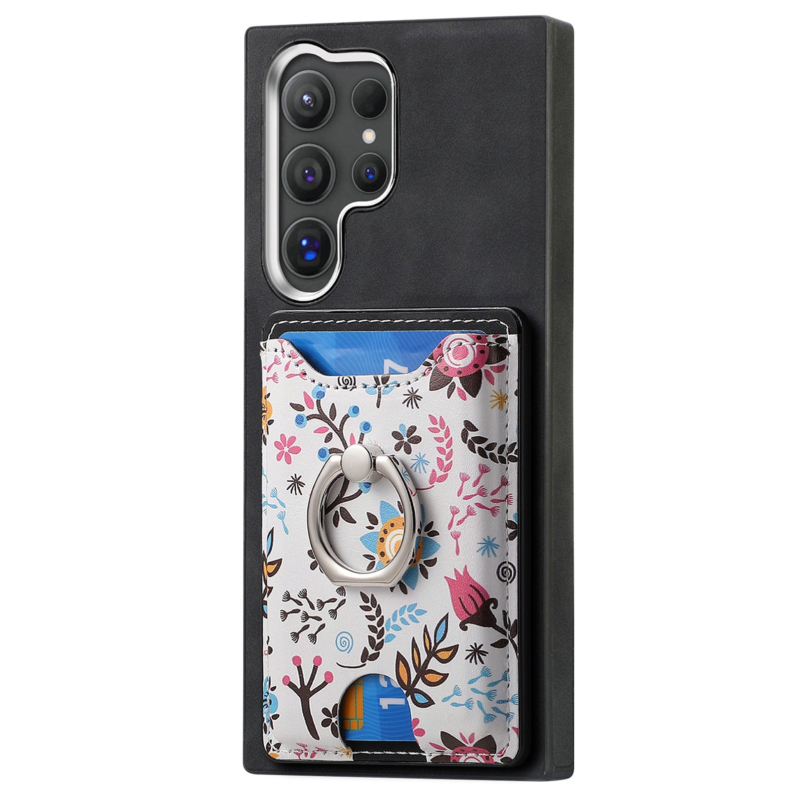 E4 for Samsung Galaxy S24 Ultra Case Leather Coated TPU Pattern Phone Cover with Ring Holder - Black