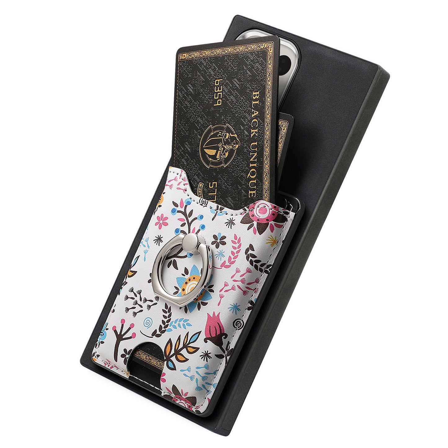 E4 for Samsung Galaxy S24 Ultra Case Leather Coated TPU Pattern Phone Cover with Ring Holder - Black
