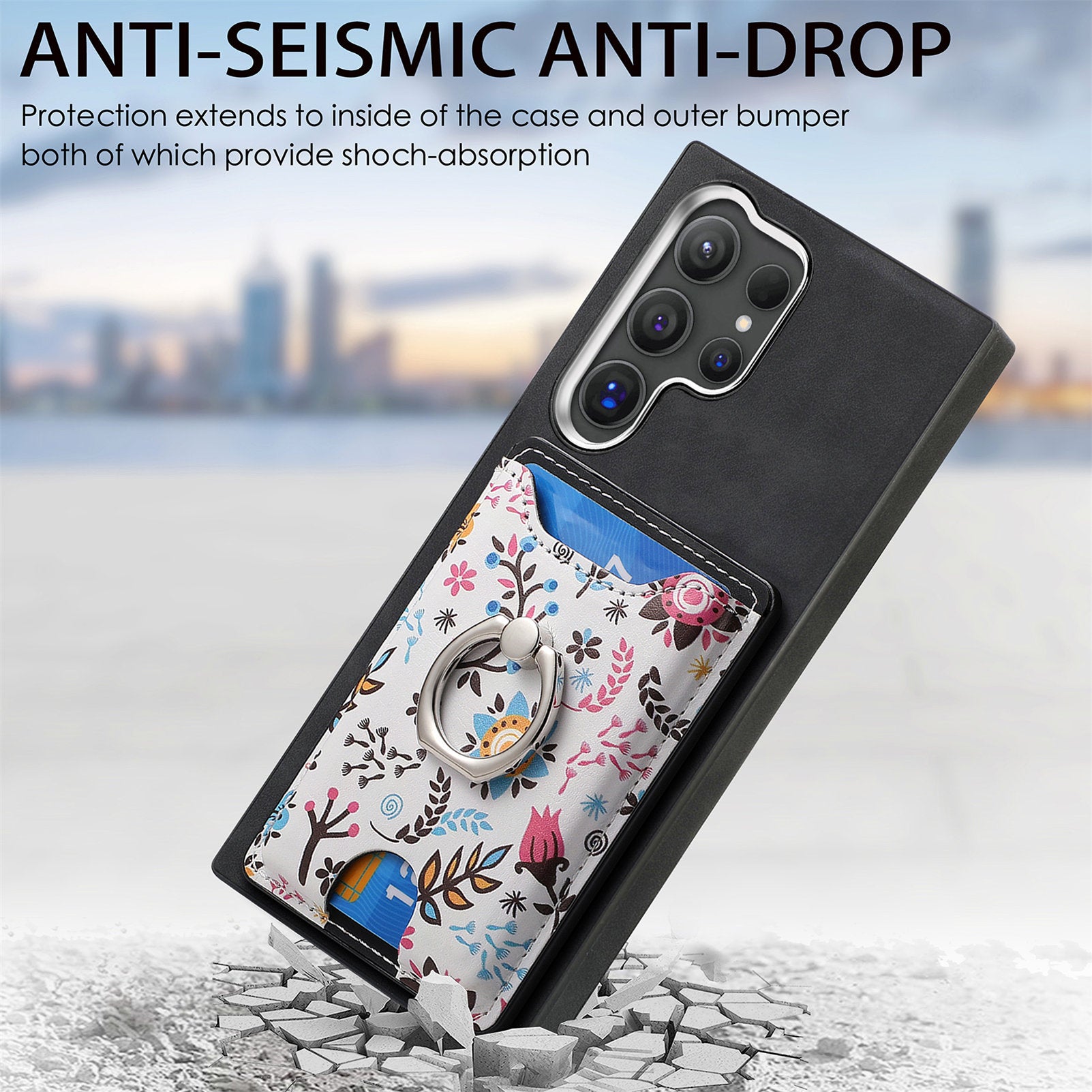 E4 for Samsung Galaxy S24 Ultra Case Leather Coated TPU Pattern Phone Cover with Ring Holder - Black