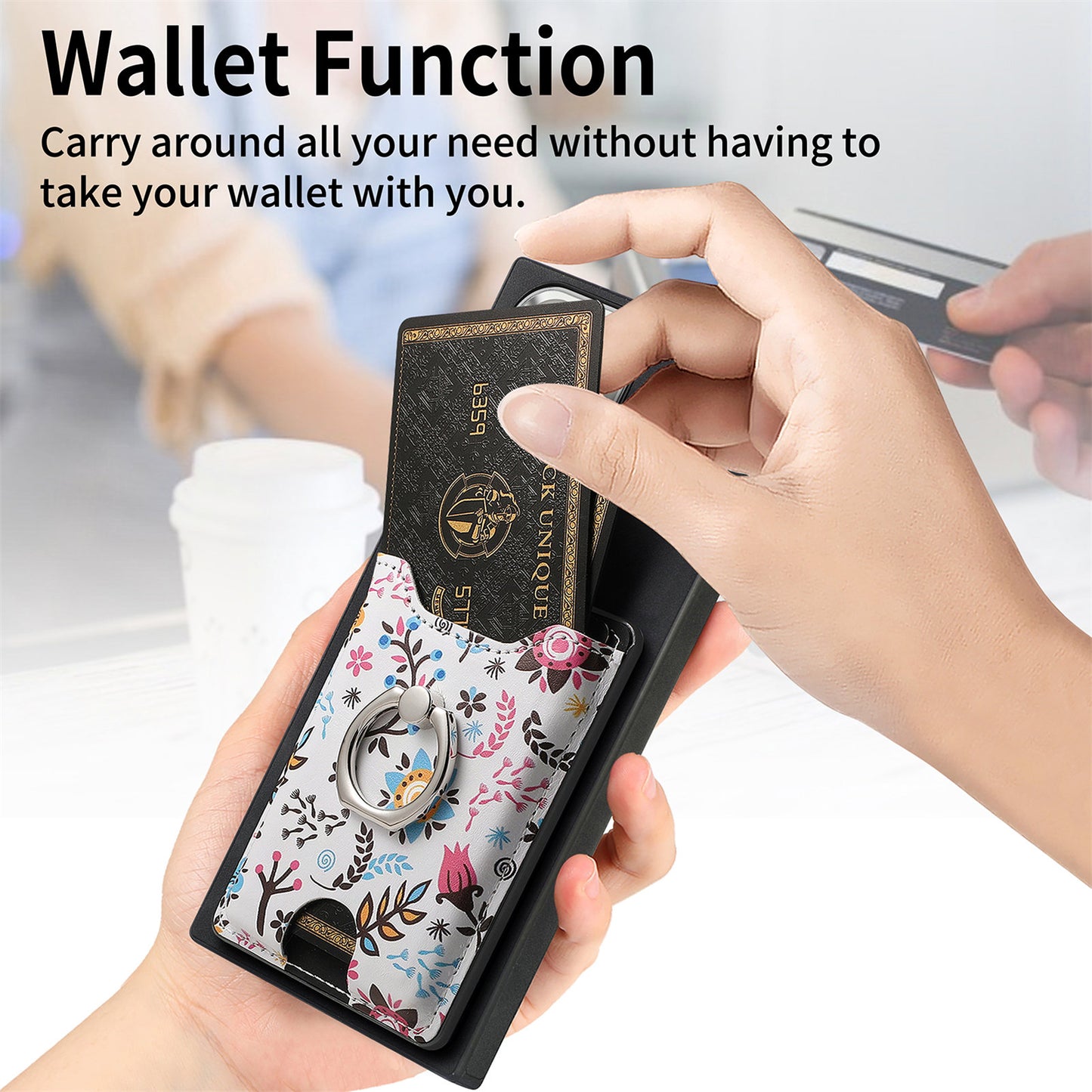 E4 for Samsung Galaxy S24 Ultra Case Leather Coated TPU Pattern Phone Cover with Ring Holder - Black