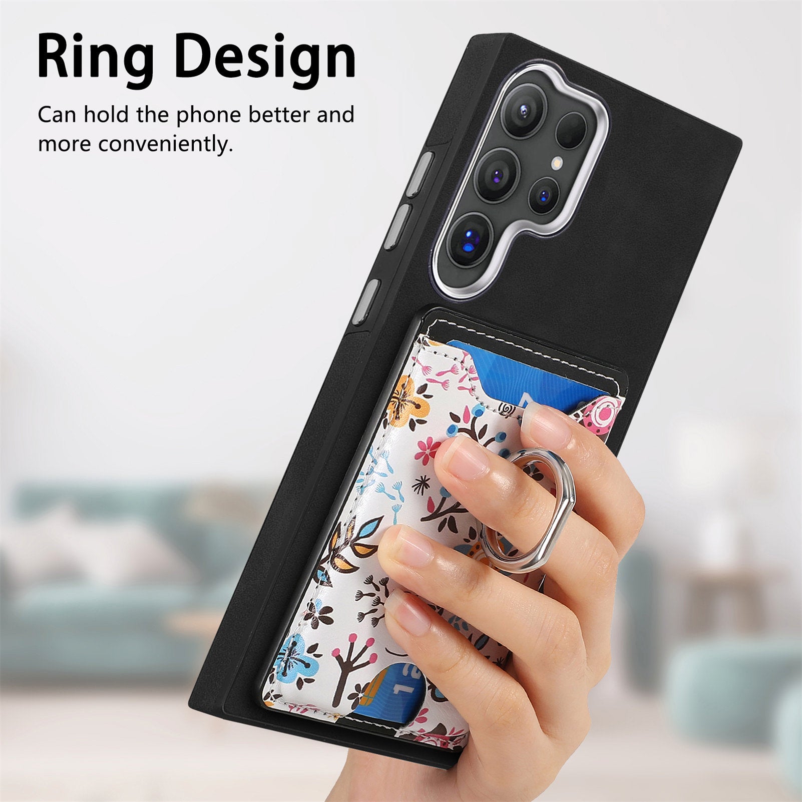 E4 for Samsung Galaxy S24 Ultra Case Leather Coated TPU Pattern Phone Cover with Ring Holder - Black