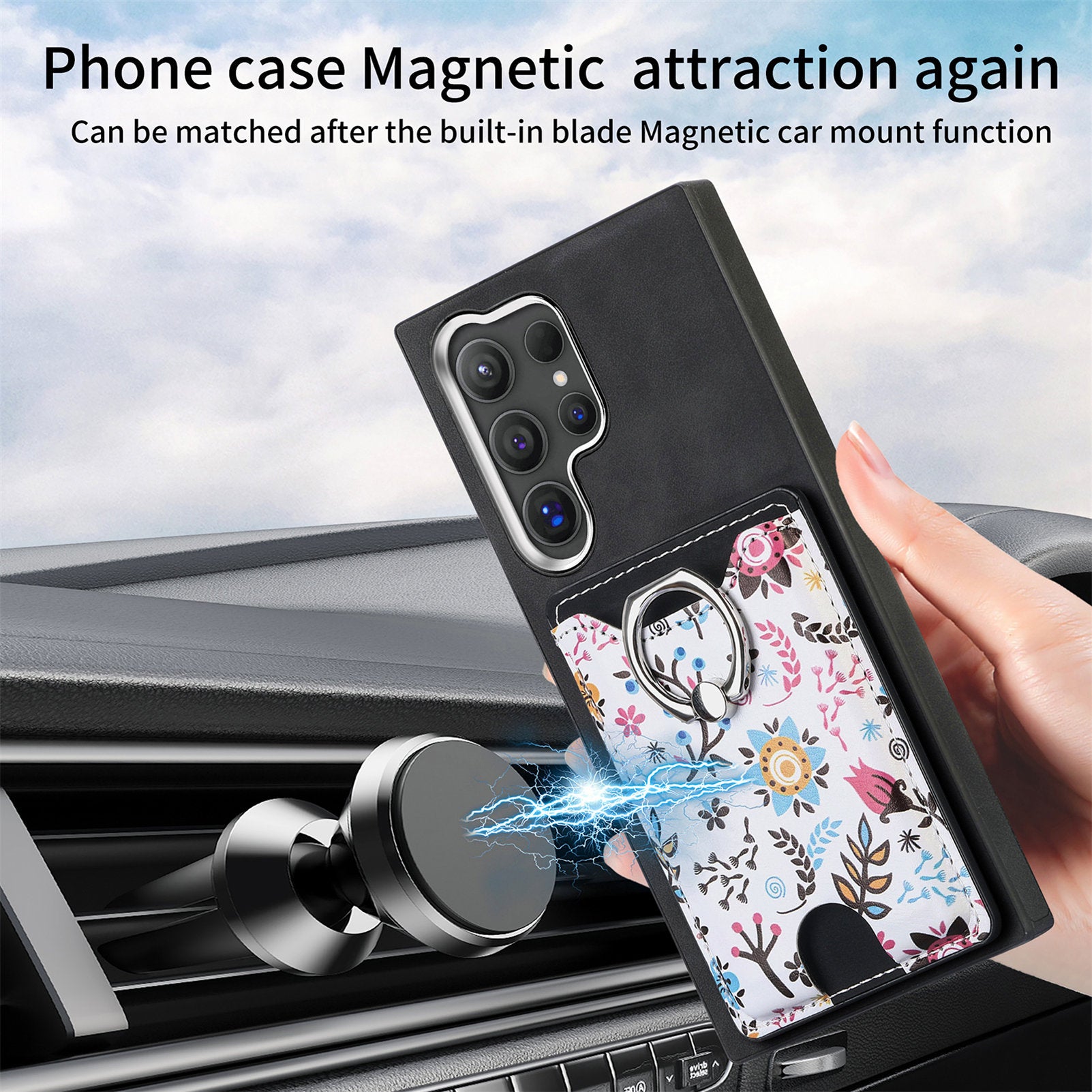 E4 for Samsung Galaxy S24 Ultra Case Leather Coated TPU Pattern Phone Cover with Ring Holder - Black