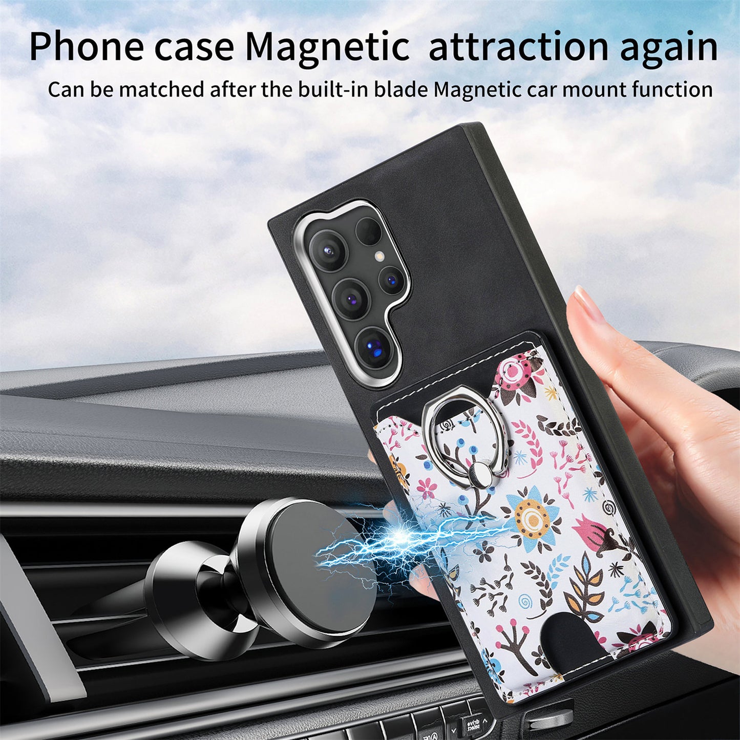 E4 for Samsung Galaxy S24 Ultra Case Leather Coated TPU Pattern Phone Cover with Ring Holder - Black