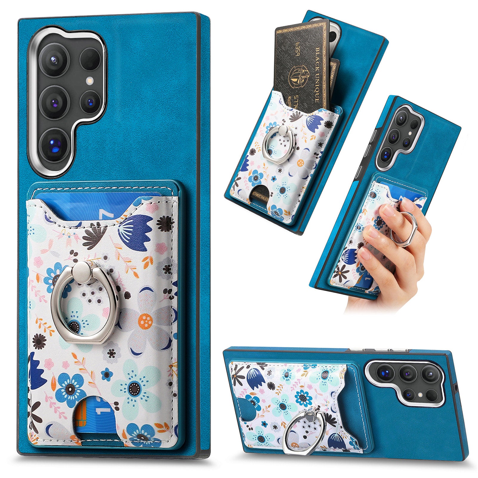 E4 for Samsung Galaxy S24 Ultra Case Leather Coated TPU Pattern Phone Cover with Ring Holder - Blue