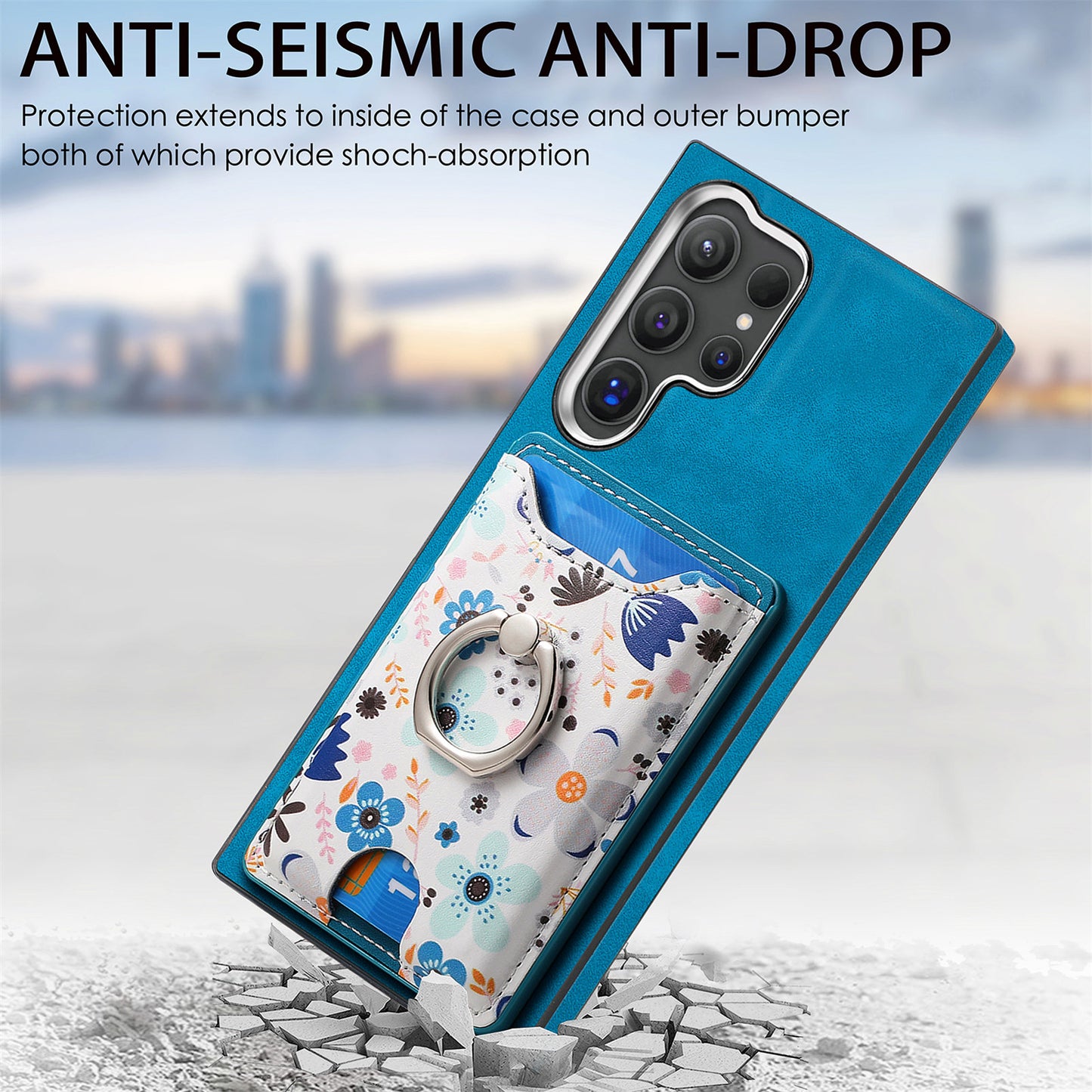 E4 for Samsung Galaxy S24 Ultra Case Leather Coated TPU Pattern Phone Cover with Ring Holder - Blue