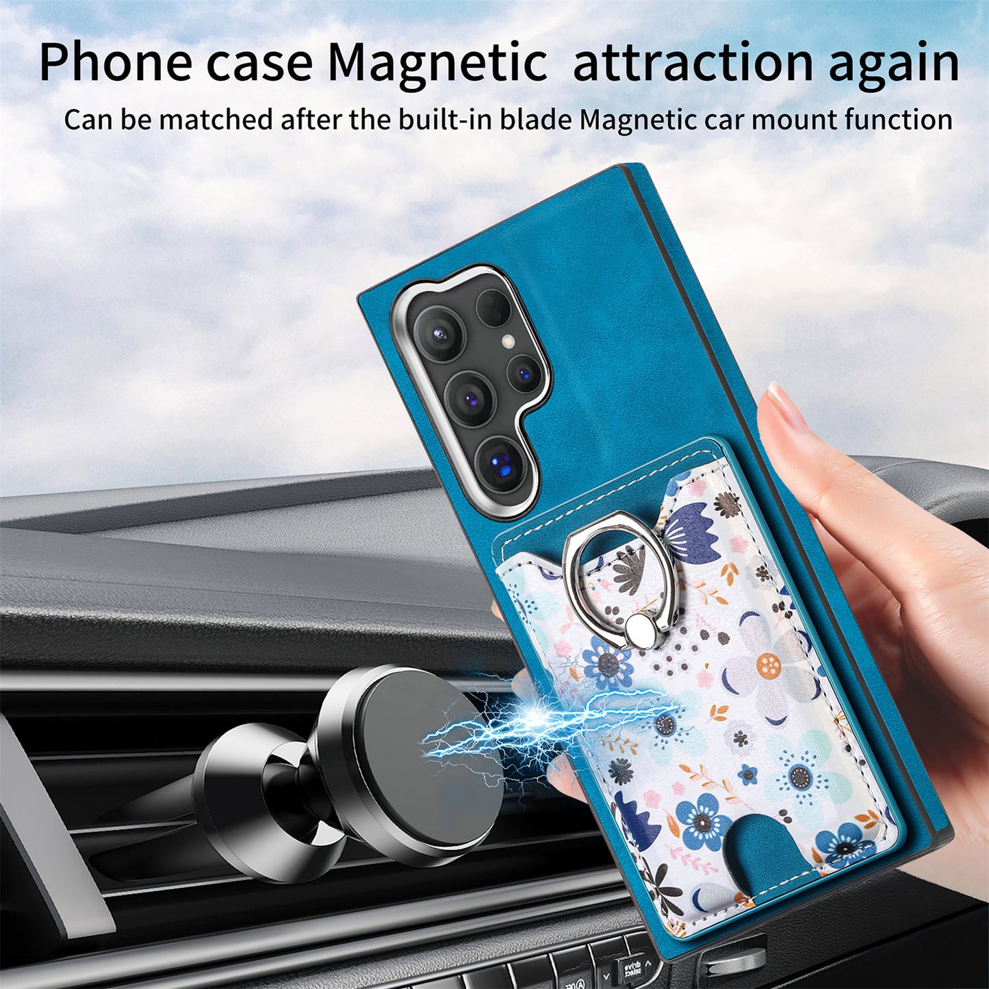 E4 for Samsung Galaxy S24 Ultra Case Leather Coated TPU Pattern Phone Cover with Ring Holder - Blue