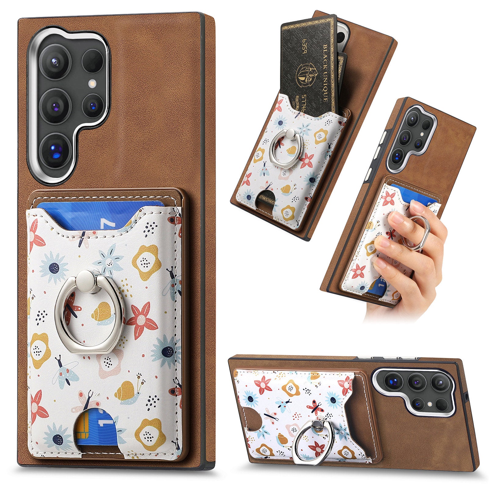 E4 for Samsung Galaxy S24 Ultra Case Leather Coated TPU Pattern Phone Cover with Ring Holder - Brown