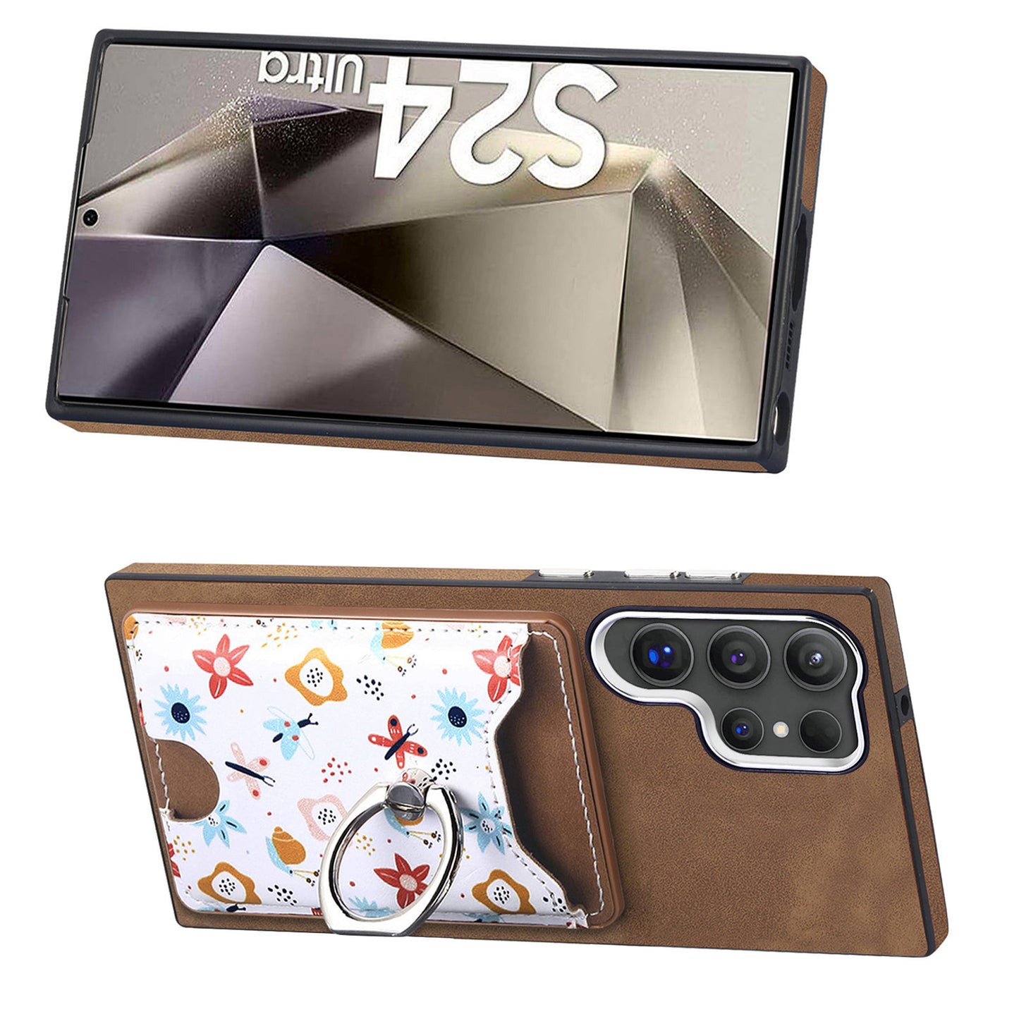 E4 for Samsung Galaxy S24 Ultra Case Leather Coated TPU Pattern Phone Cover with Ring Holder - Brown