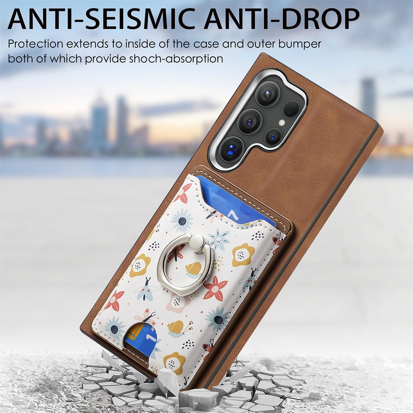 E4 for Samsung Galaxy S24 Ultra Case Leather Coated TPU Pattern Phone Cover with Ring Holder - Brown