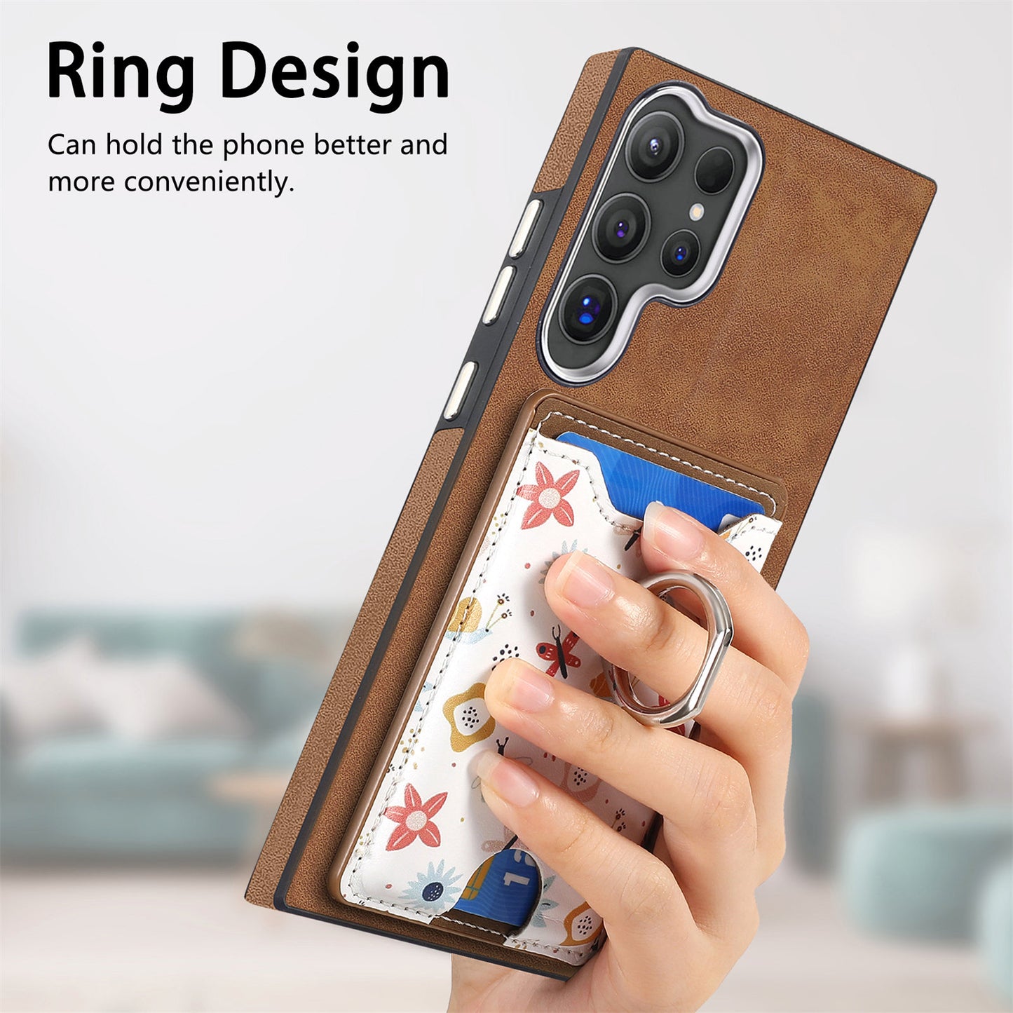 E4 for Samsung Galaxy S24 Ultra Case Leather Coated TPU Pattern Phone Cover with Ring Holder - Brown