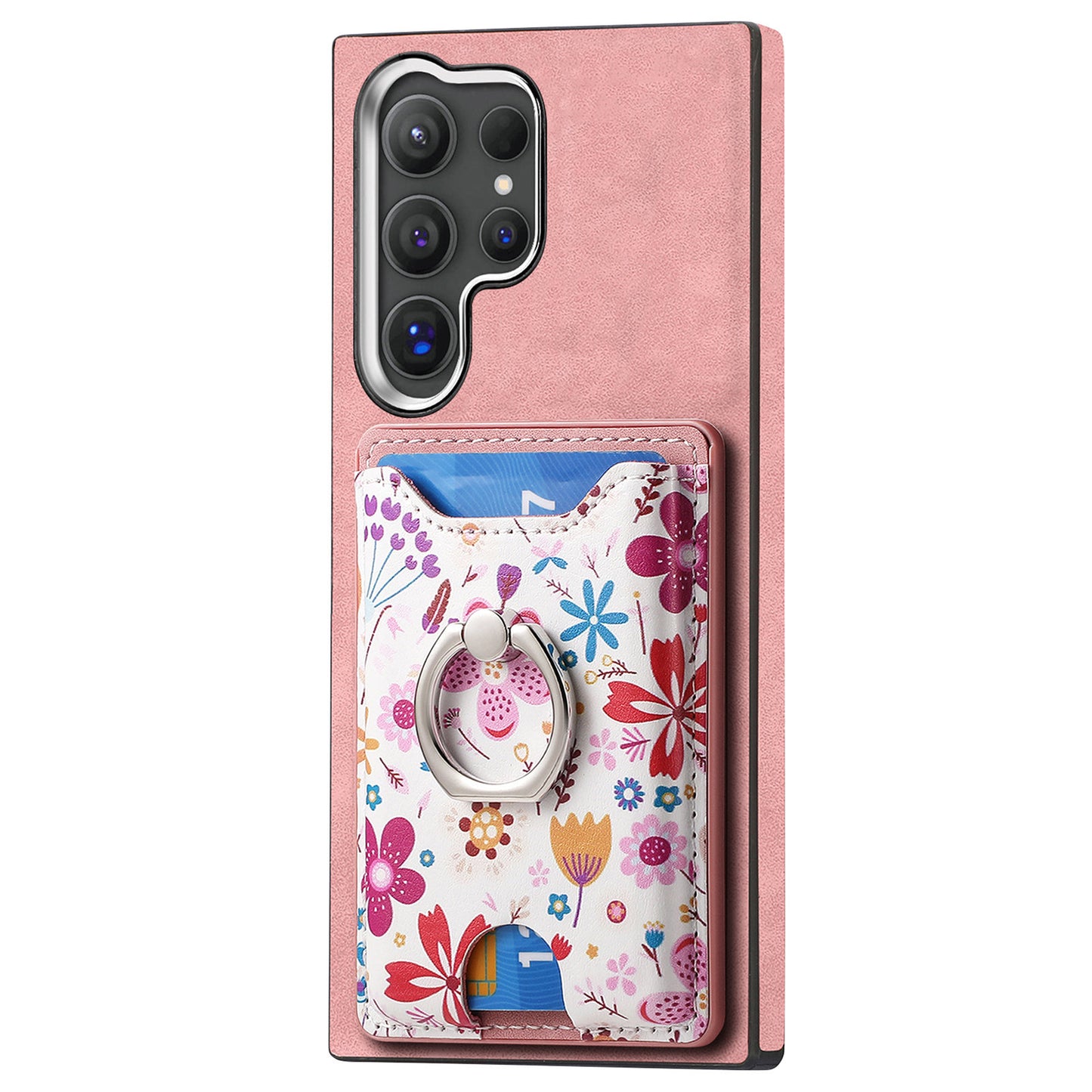 E4 for Samsung Galaxy S24 Ultra Case Leather Coated TPU Pattern Phone Cover with Ring Holder - Pink