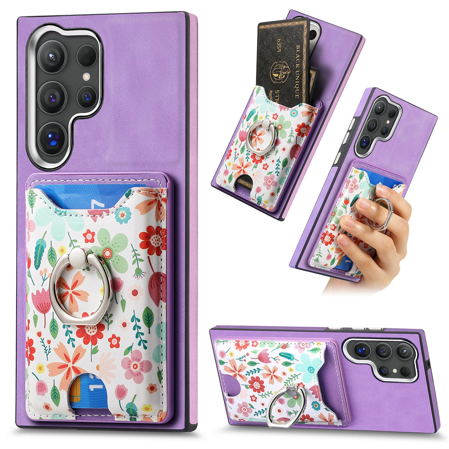 E4 for Samsung Galaxy S24 Ultra Case Leather Coated TPU Pattern Phone Cover with Ring Holder - Purple