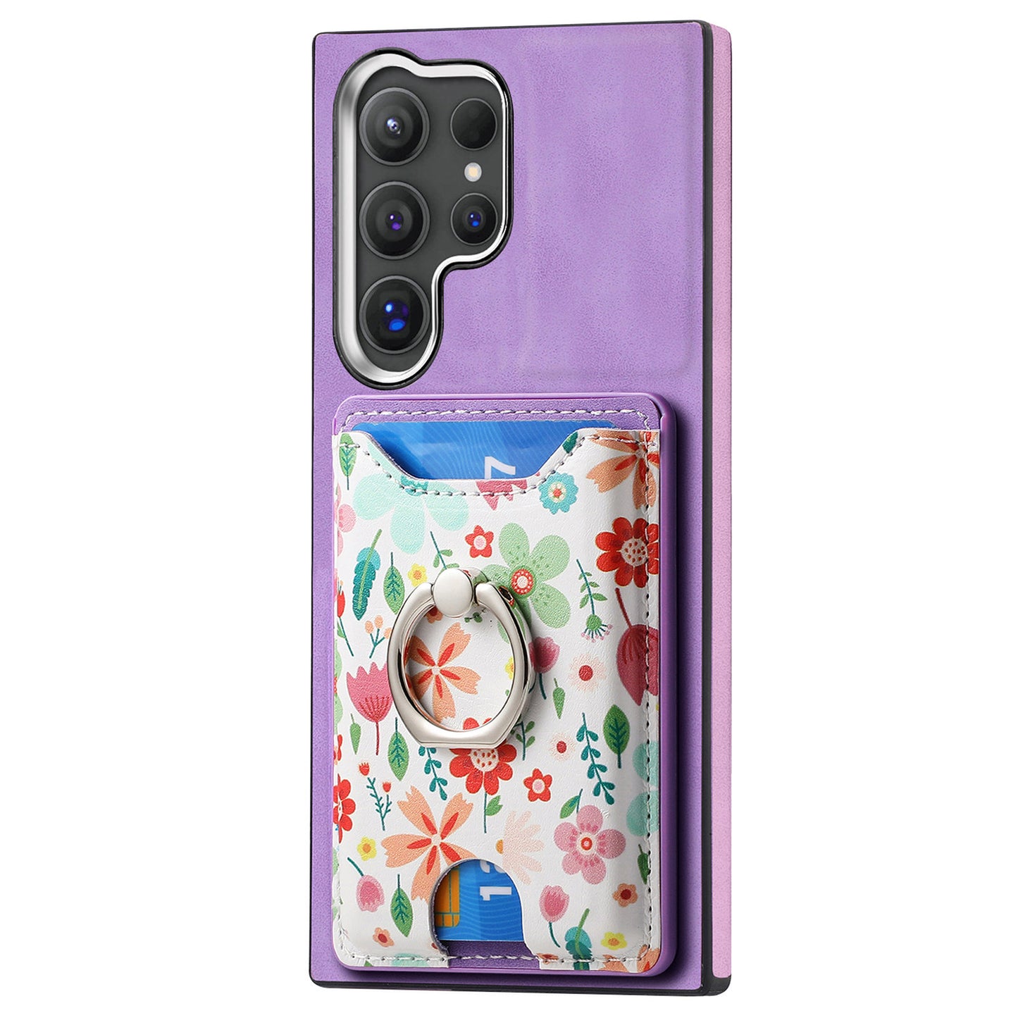 E4 for Samsung Galaxy S24 Ultra Case Leather Coated TPU Pattern Phone Cover with Ring Holder - Purple