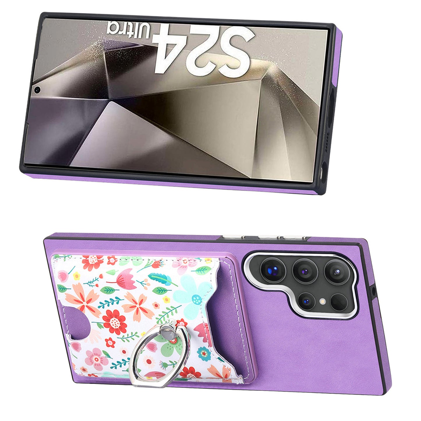 E4 for Samsung Galaxy S24 Ultra Case Leather Coated TPU Pattern Phone Cover with Ring Holder - Purple