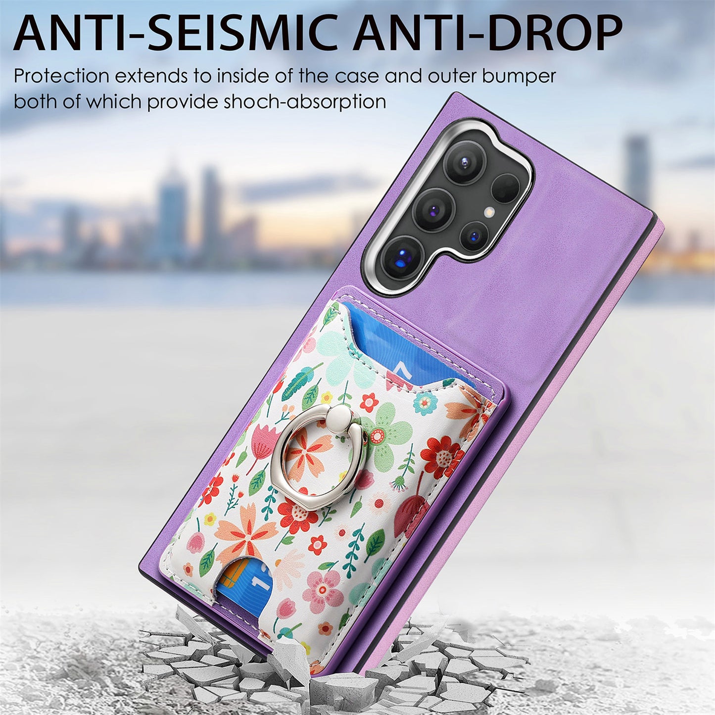E4 for Samsung Galaxy S24 Ultra Case Leather Coated TPU Pattern Phone Cover with Ring Holder - Purple