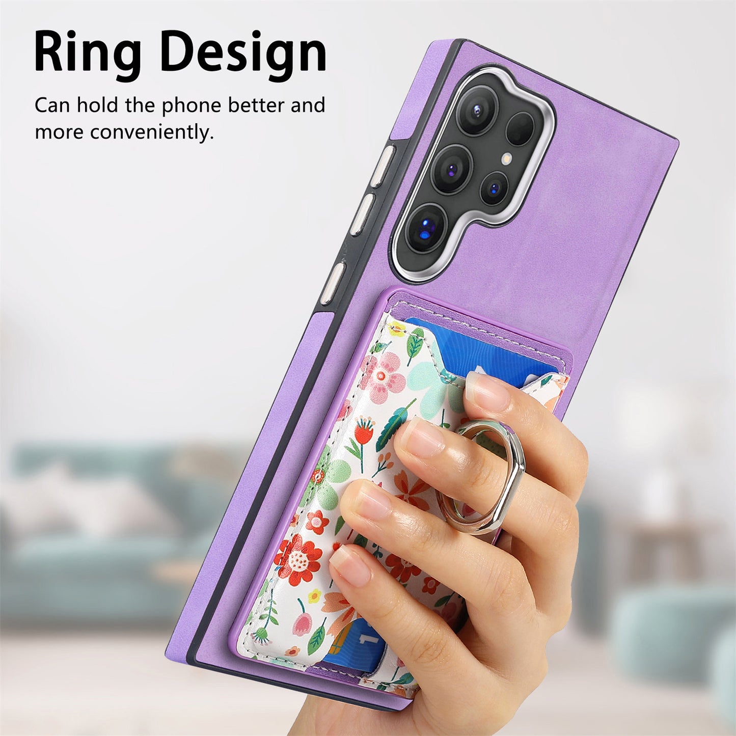 E4 for Samsung Galaxy S24 Ultra Case Leather Coated TPU Pattern Phone Cover with Ring Holder - Purple