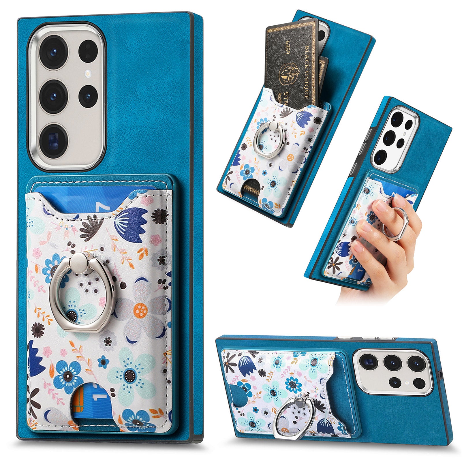 E4 for Samsung Galaxy S22 Ultra 5G Case with Card Holder Leather Coated TPU Kickstand Phone Cover - Blue