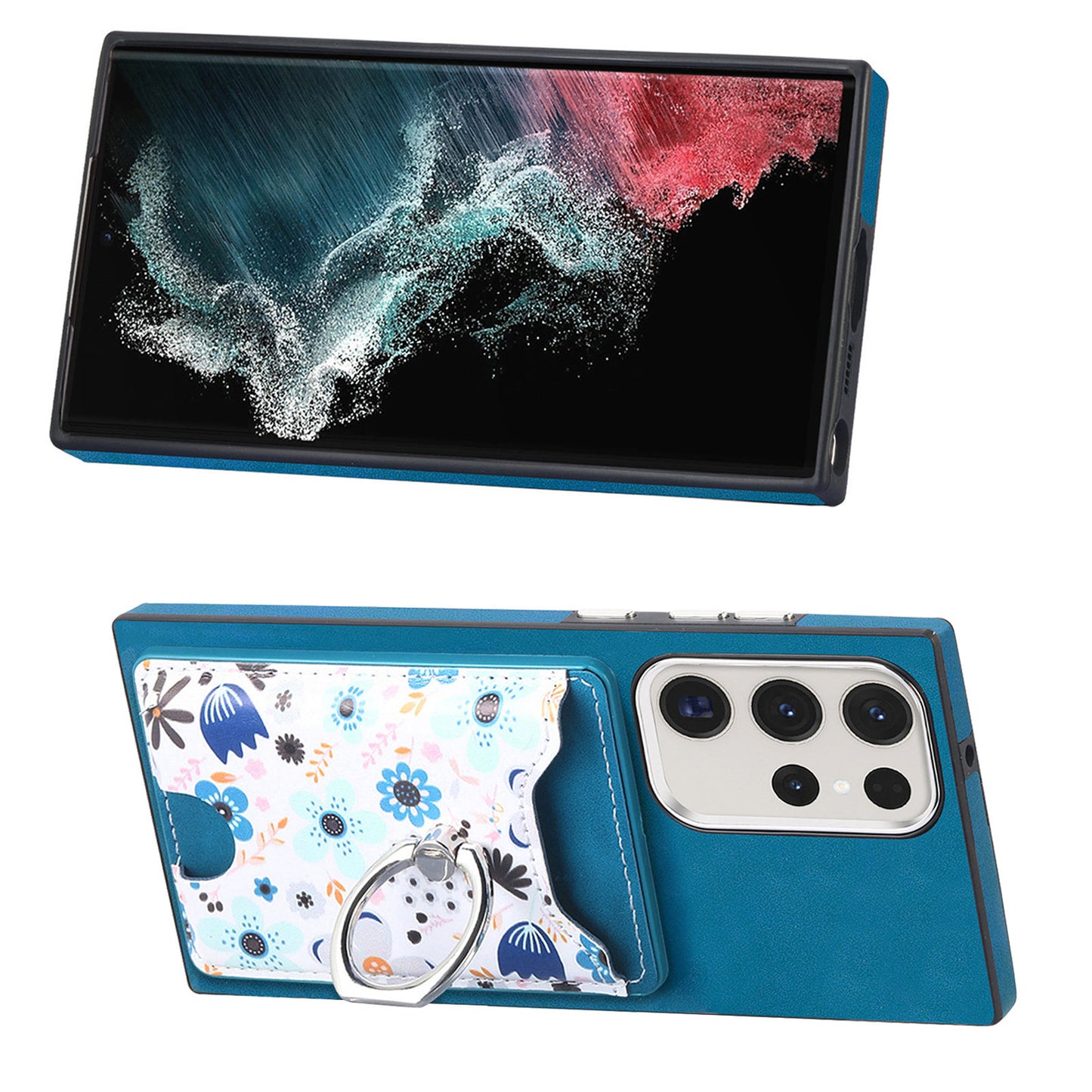 E4 for Samsung Galaxy S22 Ultra 5G Case with Card Holder Leather Coated TPU Kickstand Phone Cover - Blue