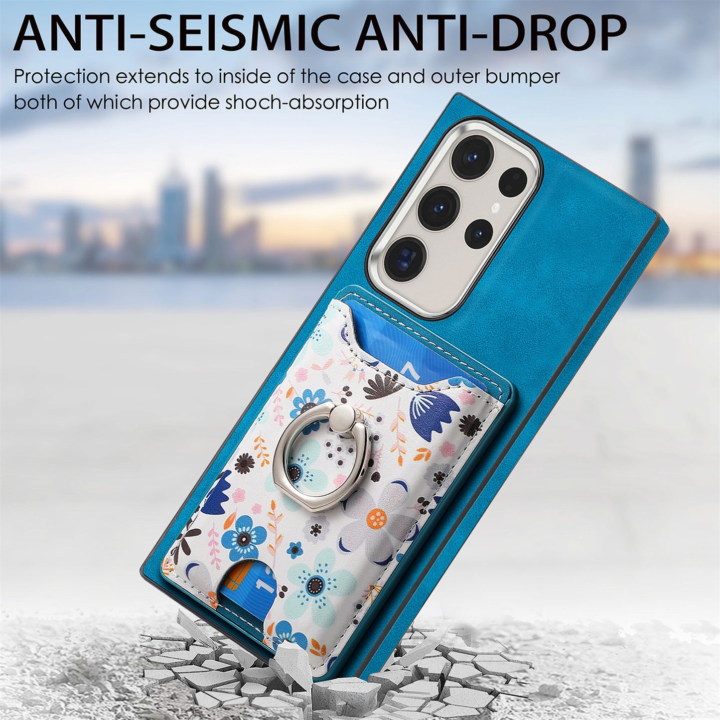 E4 for Samsung Galaxy S22 Ultra 5G Case with Card Holder Leather Coated TPU Kickstand Phone Cover - Blue