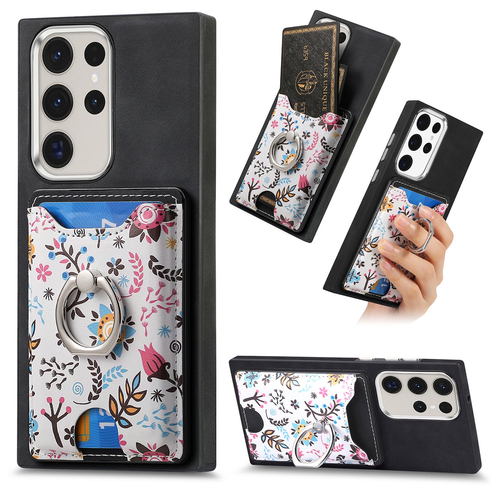 E4 for Samsung Galaxy S22 Ultra 5G Case with Card Holder Leather Coated TPU Kickstand Phone Cover - Black