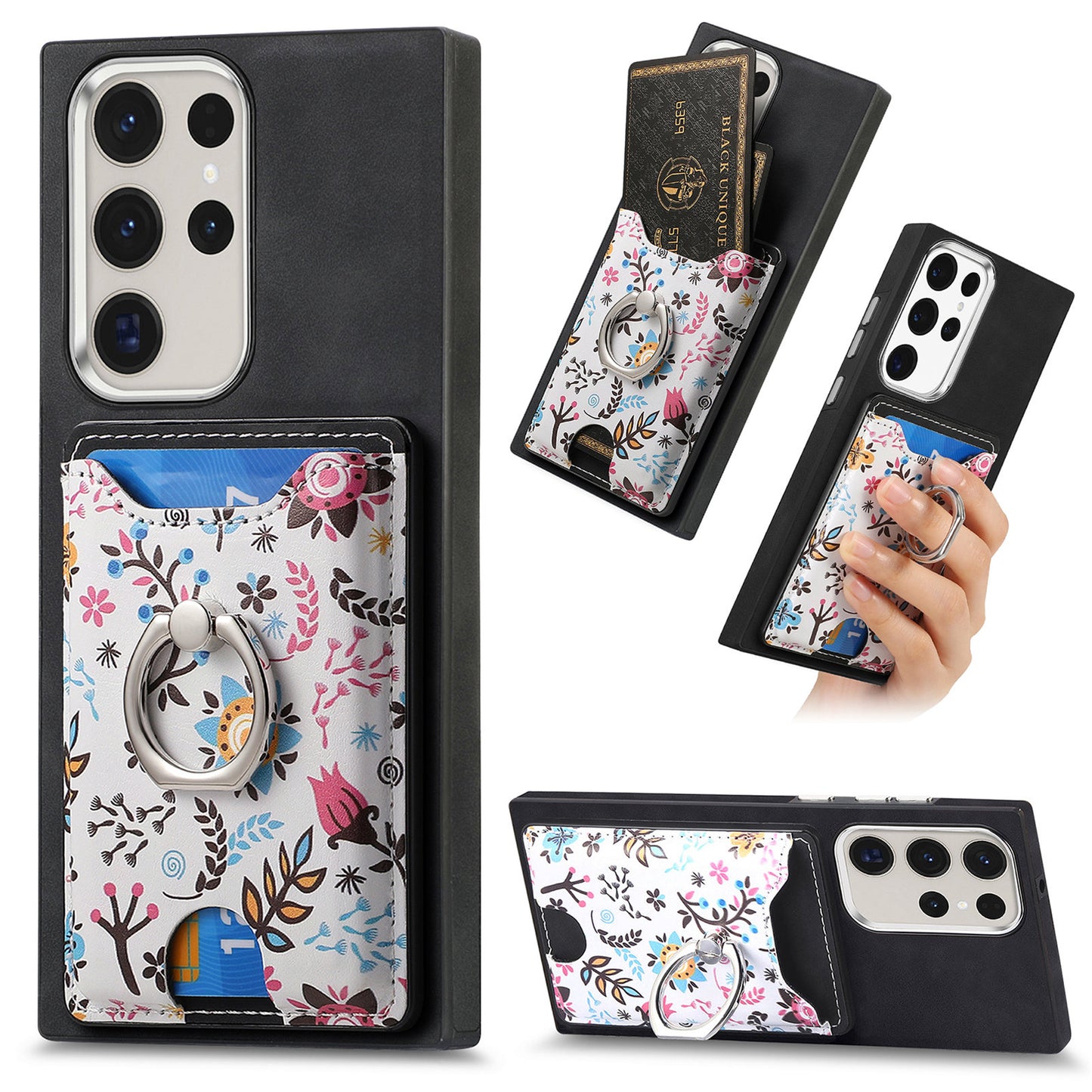 E4 for Samsung Galaxy S22 Ultra 5G Case with Card Holder Leather Coated TPU Kickstand Phone Cover - Black