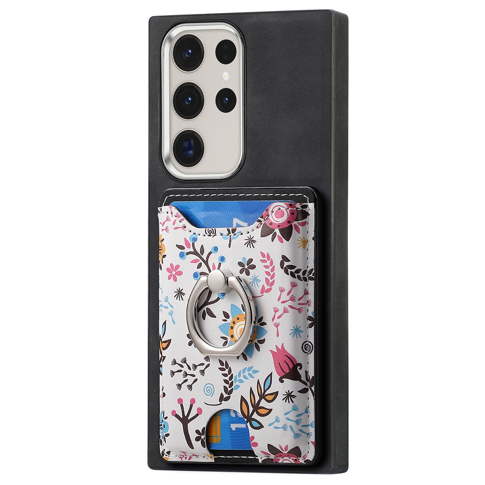 E4 for Samsung Galaxy S22 Ultra 5G Case with Card Holder Leather Coated TPU Kickstand Phone Cover - Black