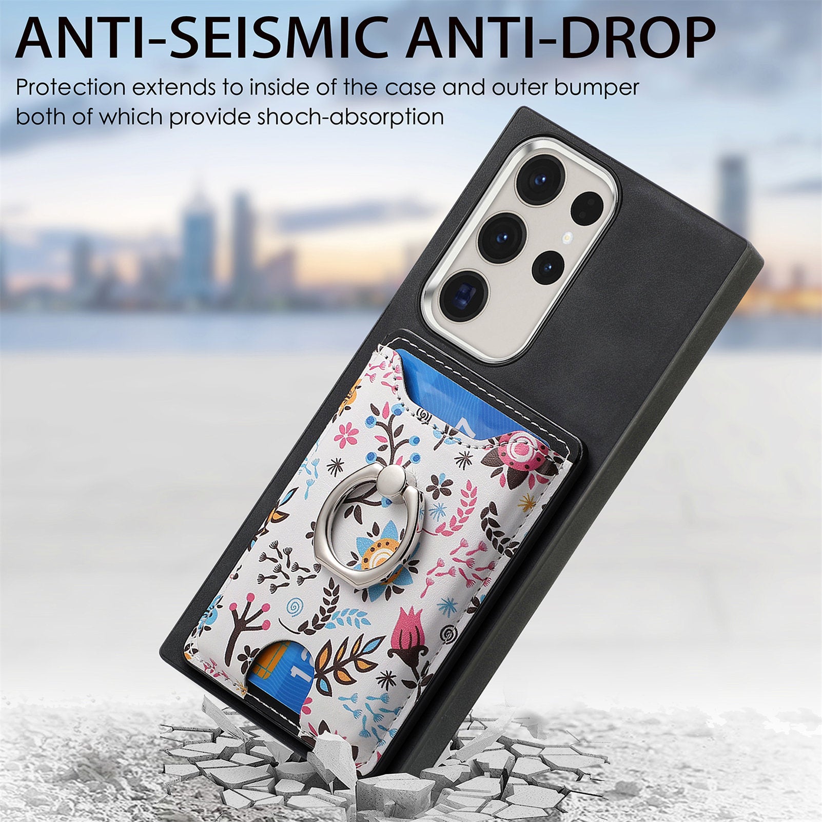 E4 for Samsung Galaxy S22 Ultra 5G Case with Card Holder Leather Coated TPU Kickstand Phone Cover - Black