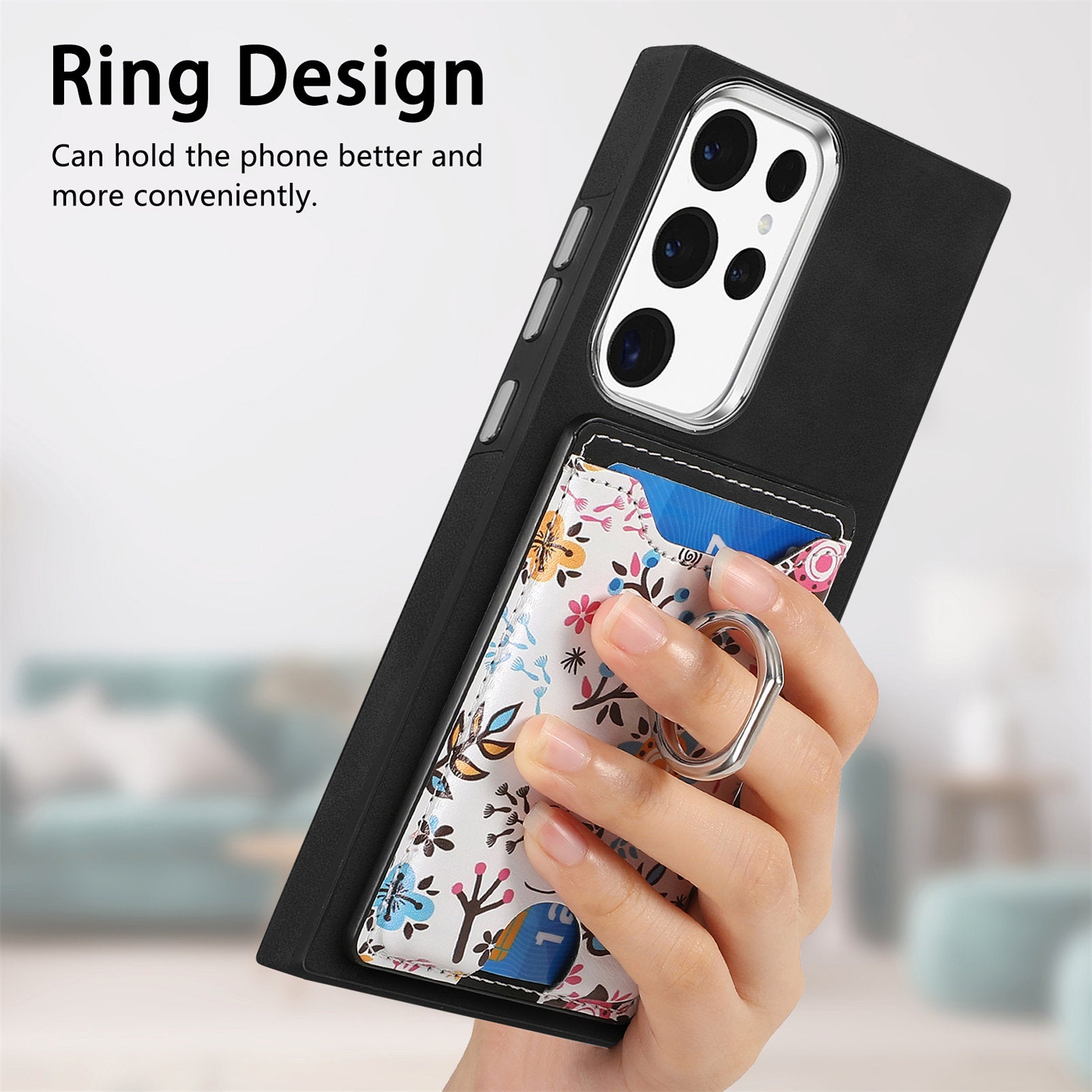 E4 for Samsung Galaxy S22 Ultra 5G Case with Card Holder Leather Coated TPU Kickstand Phone Cover - Black