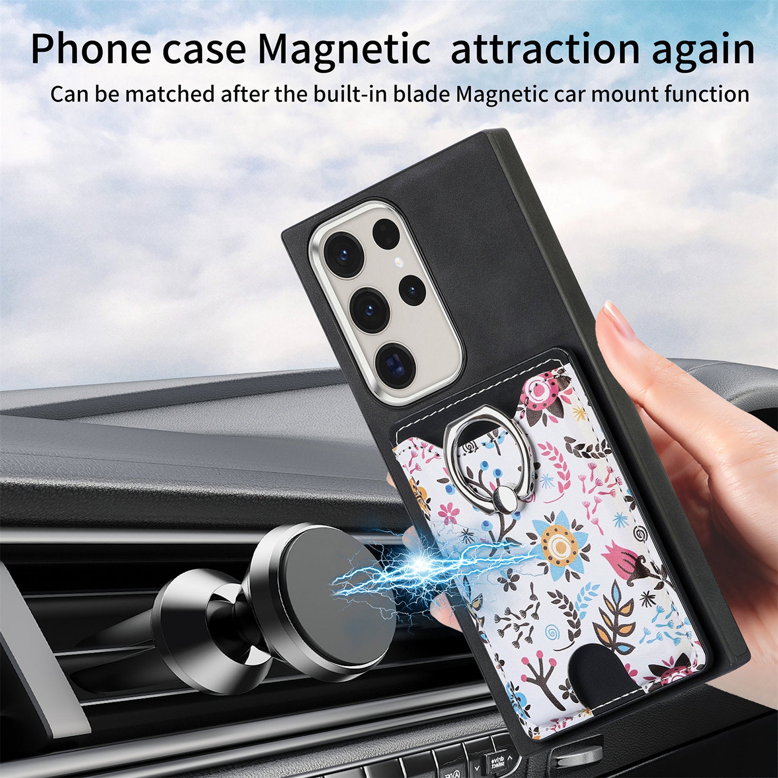 E4 for Samsung Galaxy S22 Ultra 5G Case with Card Holder Leather Coated TPU Kickstand Phone Cover - Black