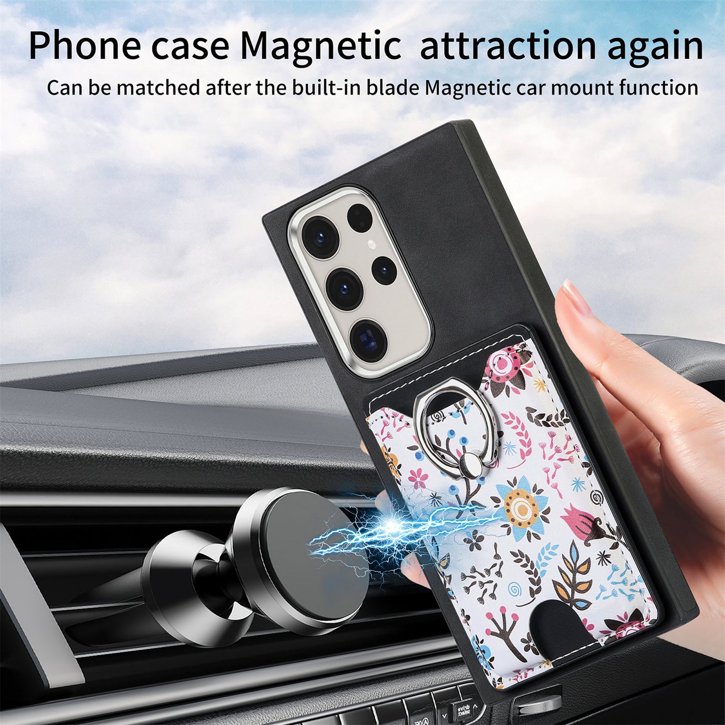 E4 for Samsung Galaxy S22 Ultra 5G Case with Card Holder Leather Coated TPU Kickstand Phone Cover - Black