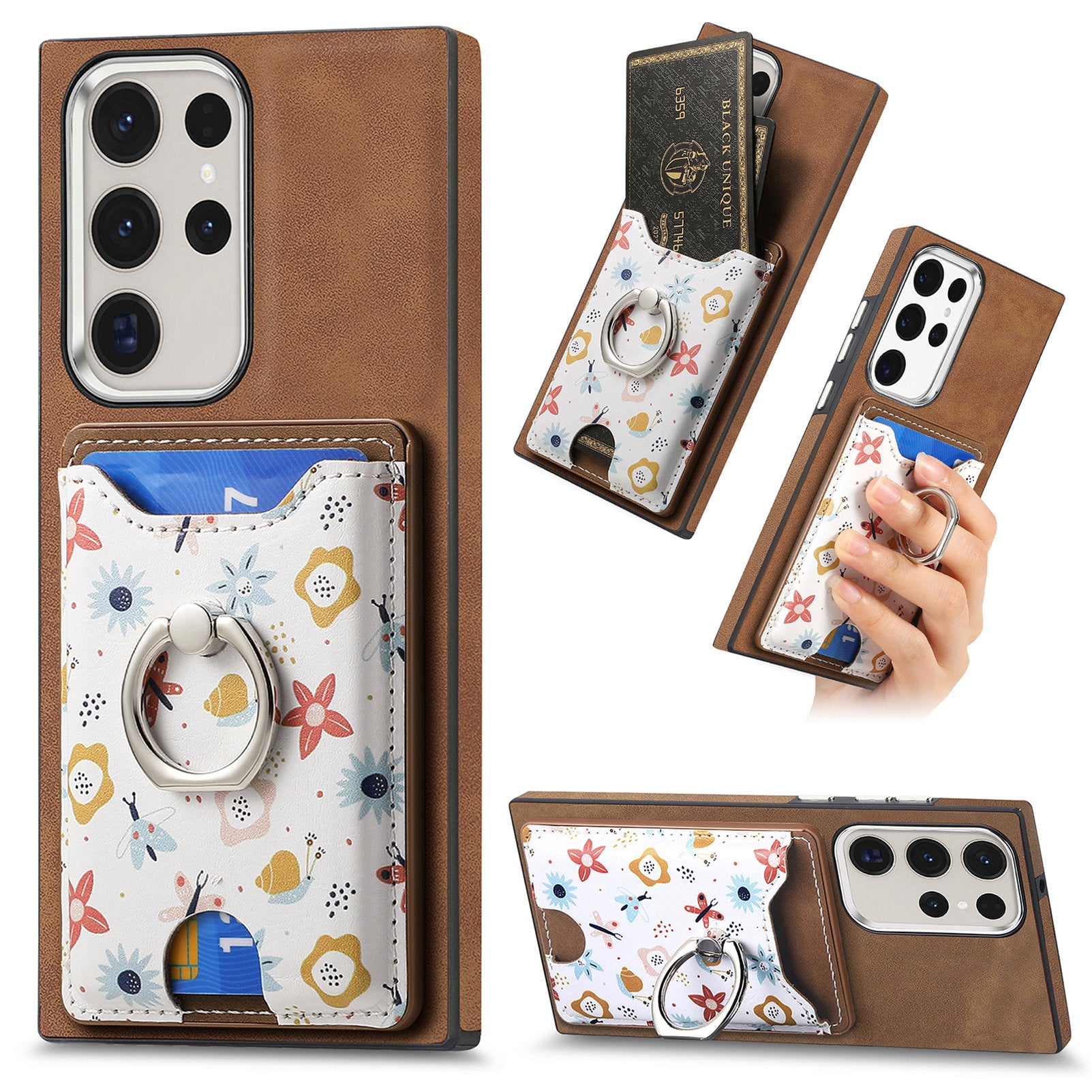 E4 for Samsung Galaxy S22 Ultra 5G Case with Card Holder Leather Coated TPU Kickstand Phone Cover - Brown