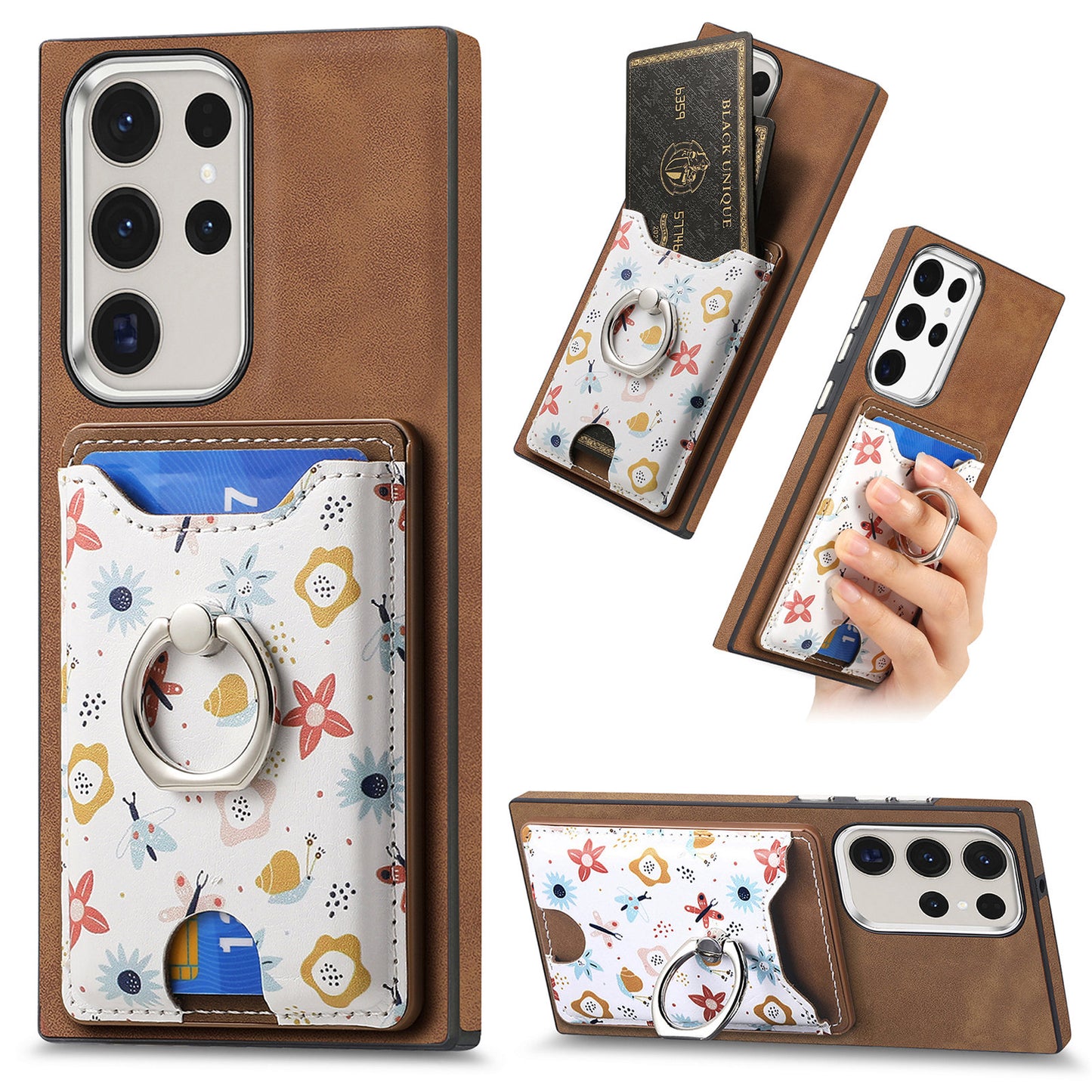 E4 for Samsung Galaxy S22 Ultra 5G Case with Card Holder Leather Coated TPU Kickstand Phone Cover - Brown