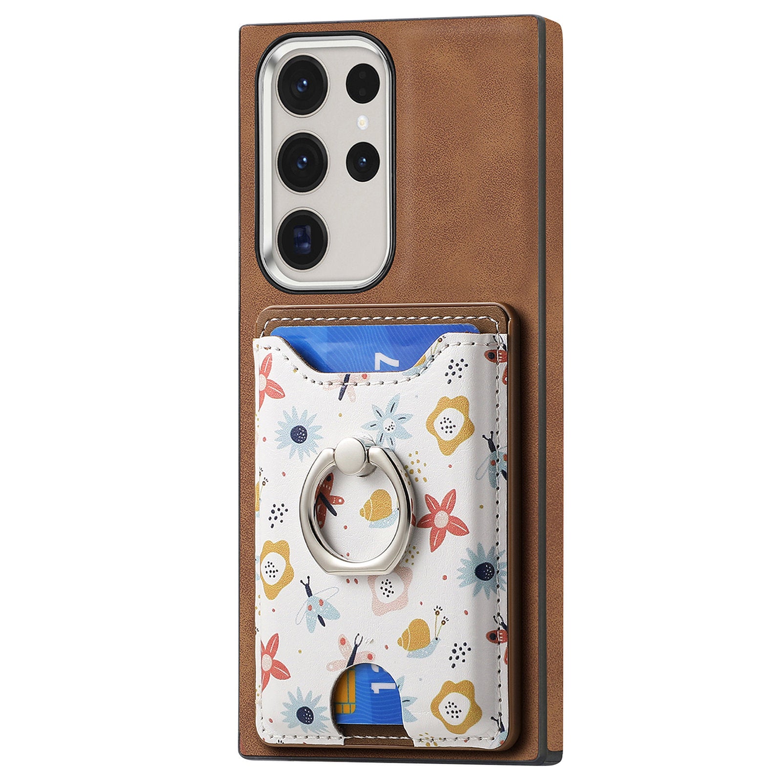 E4 for Samsung Galaxy S22 Ultra 5G Case with Card Holder Leather Coated TPU Kickstand Phone Cover - Brown