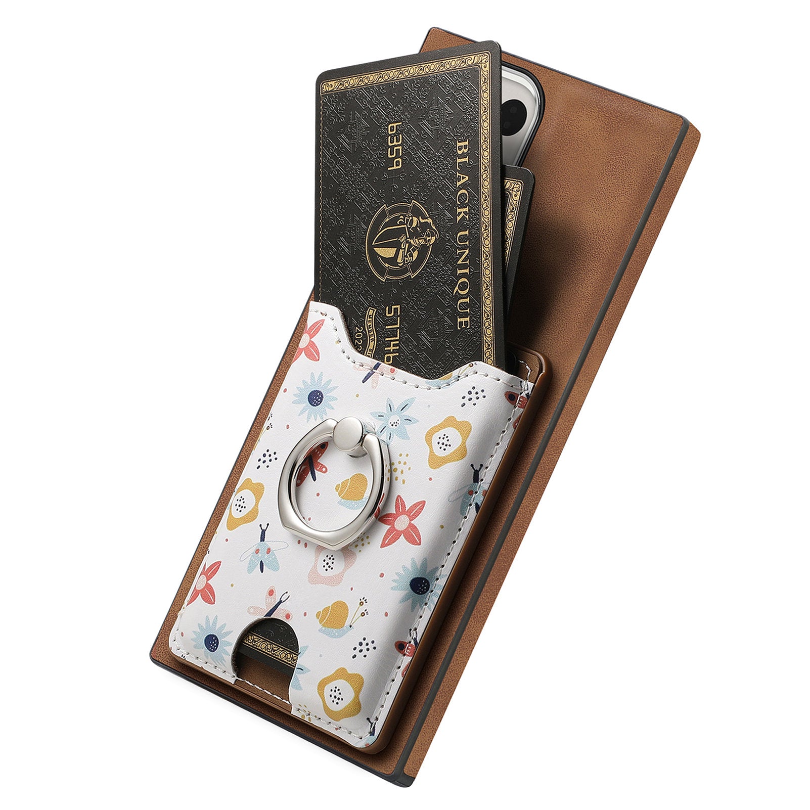 E4 for Samsung Galaxy S22 Ultra 5G Case with Card Holder Leather Coated TPU Kickstand Phone Cover - Brown